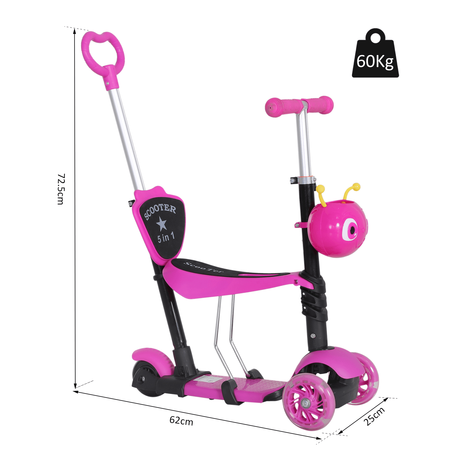 5-in-1 Kids Toddler Scooter - Pink, Adjustable & Durable, Transforming scooter with removable seat, adjustable height, and 3 wheels for kids aged 1-8. Enjoy versatile rides with lean-to-steer fun!