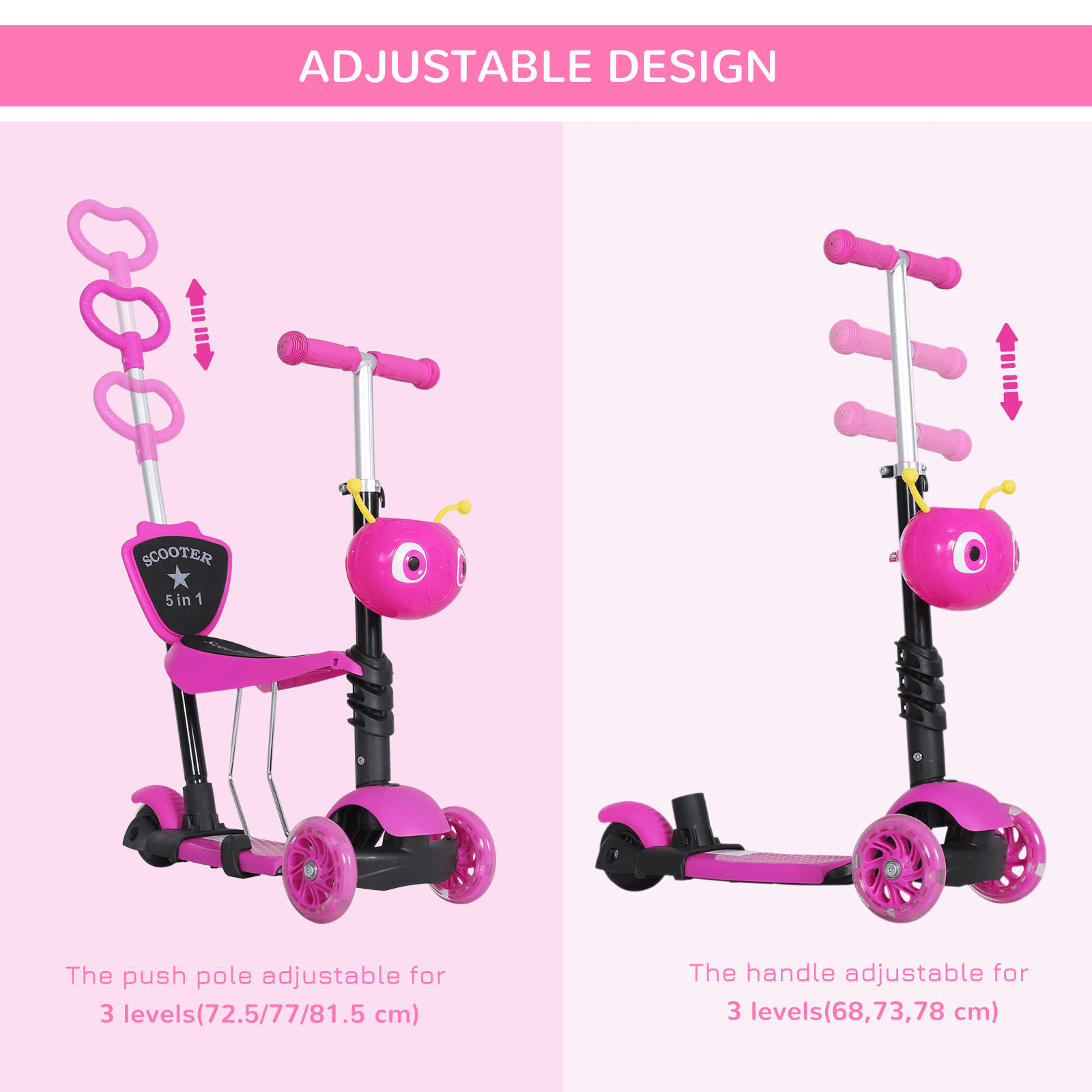 5-in-1 Kids Toddler Scooter - Pink, Adjustable & Durable, Transforming scooter with removable seat, adjustable height, and 3 wheels for kids aged 1-8. Enjoy versatile rides with lean-to-steer fun!