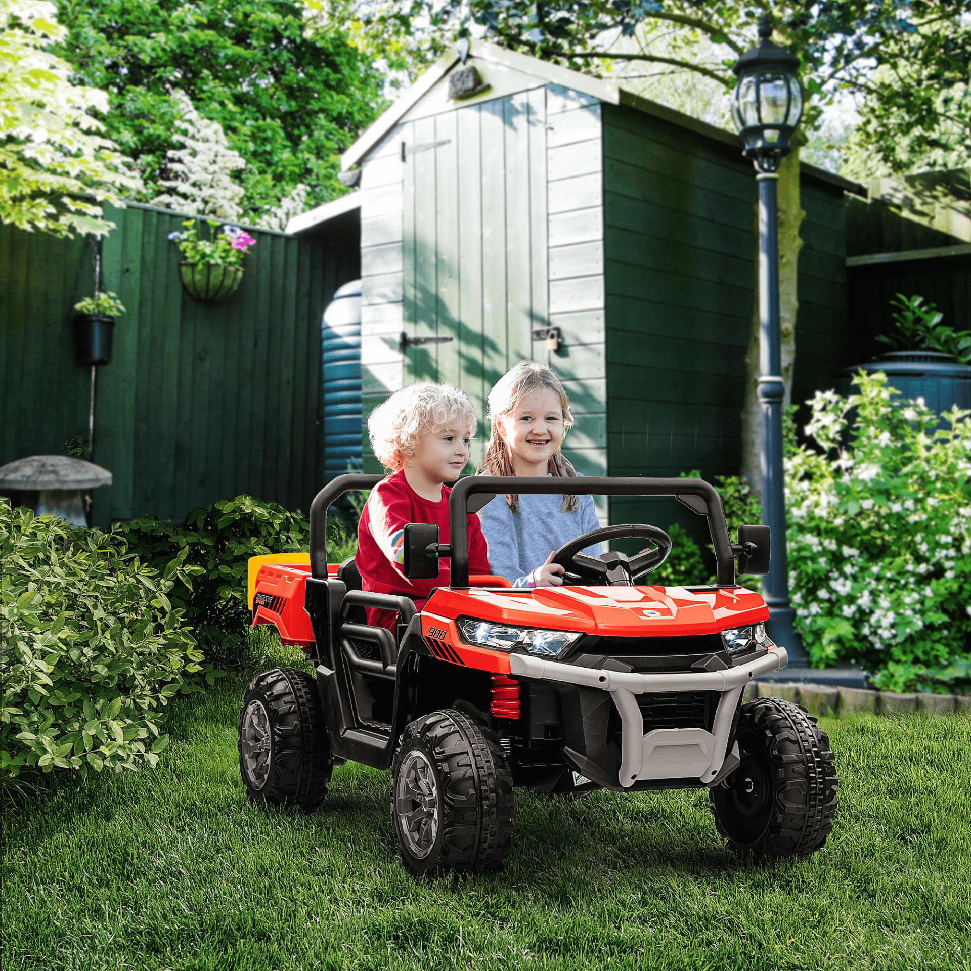 Two-Seater Kids Ride-On Car | 12V UTV - Red, Get the Two-Seater Kids Ride-On Car with a parental remote control, spring suspension, and built-in music system. Perfect for siblings or friends!