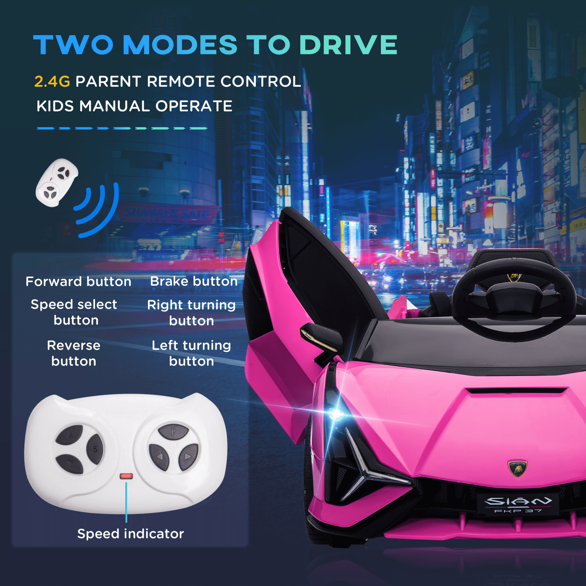 12V Kids Electric Ride On Car - Pink | Ages 3-5, Get the officially licensed Lamborghini Sian 12V Kids Electric Ride On Car. Features remote control, music, LED lights, and MP3 for endless fun!