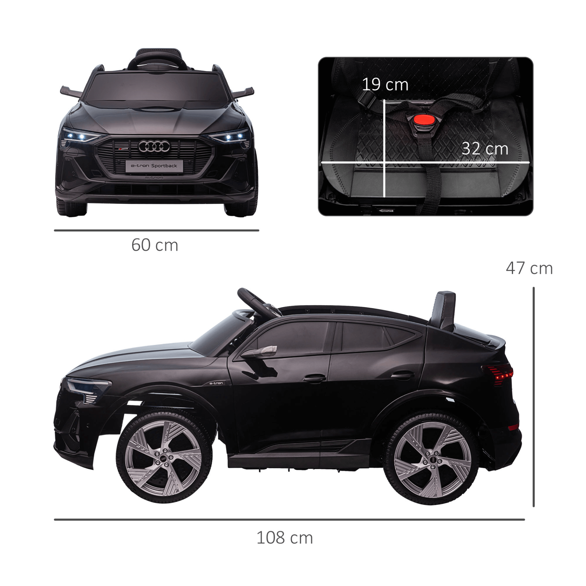 Audi E-tron Kids Electric Ride On Car - Black, Experience the thrill with the Audi E-tron Licensed 12V Kids Electric Ride On Car. Features parental remote, LED lights, and MP3 player for endless fun!