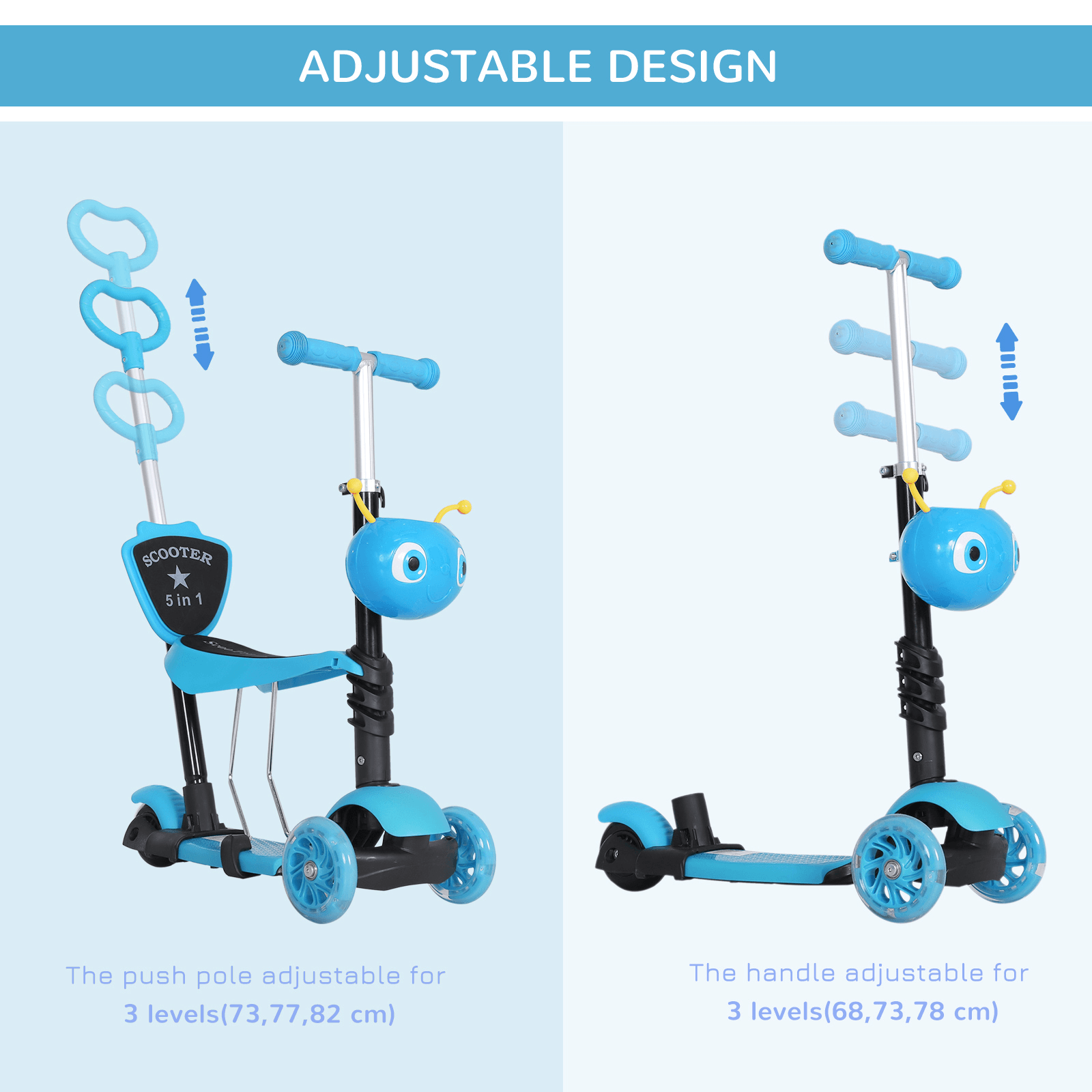 5-in-1 Kids Scooter & Walker - Blue, Discover endless fun with our 5-in-1 Kids Scooter in blue. Perfect for toddlers aged 1-8, it's adjustable, durable, and safe.