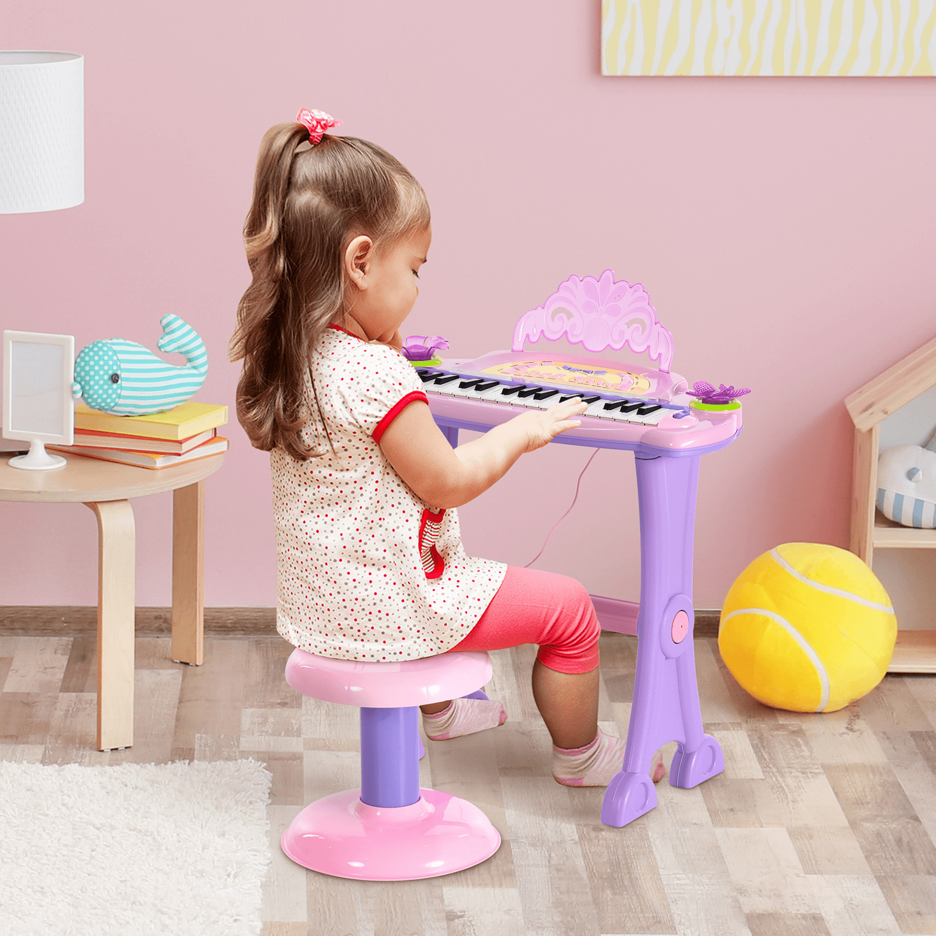 32 Keys Kids Mini Electronic Keyboard - Musical Toy, Nurture your child's passion for music with the HOMCOM 32 Keys Kids Mini Electronic Keyboard. Perfect for children aged 3-6, with stool and MP3.