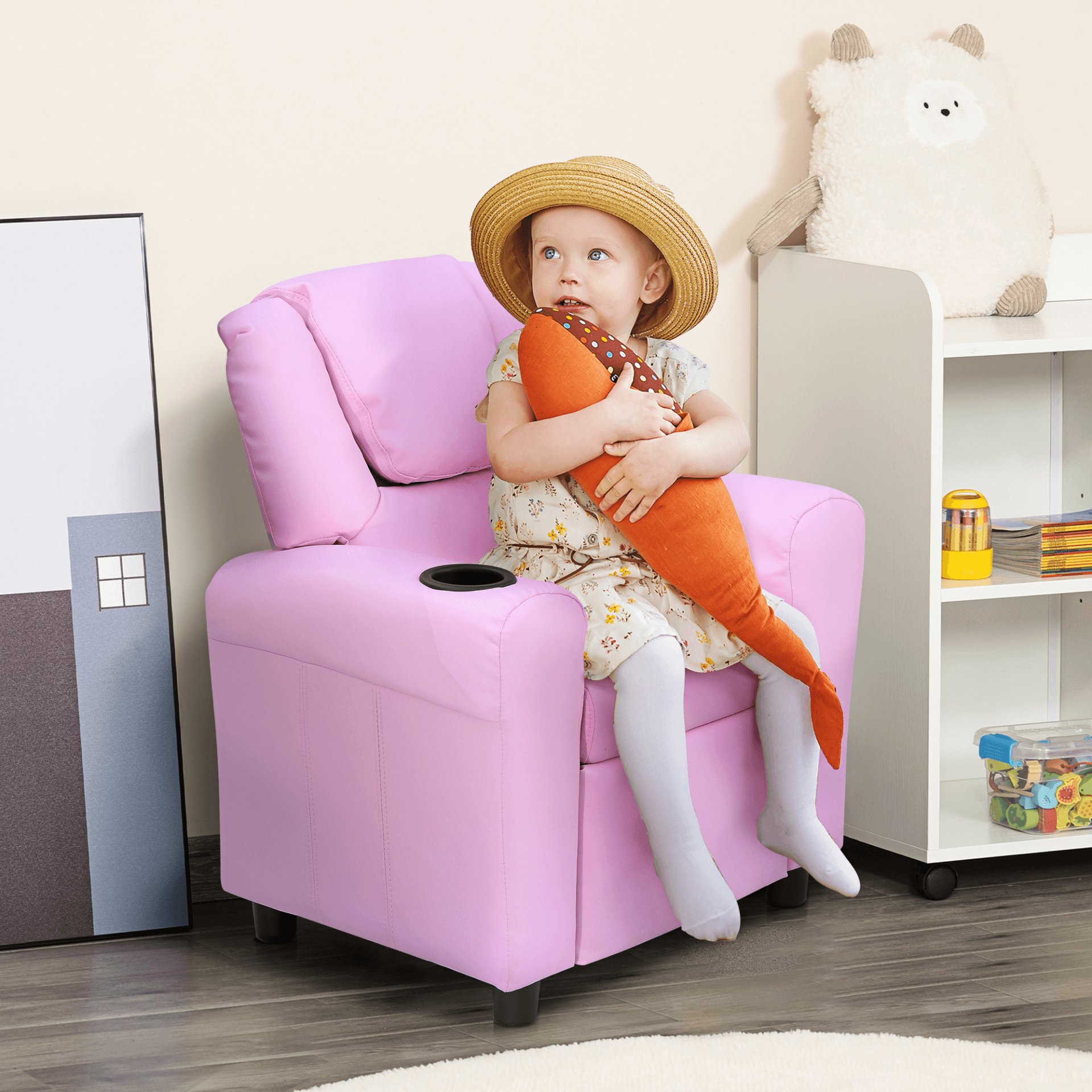 Kids Pink Recliner with Cup Holder, Cozy pink recliner for kids with reclining function up to 150°, perfect for games, reading, and naps. Made from durable, easy-care PU leather.