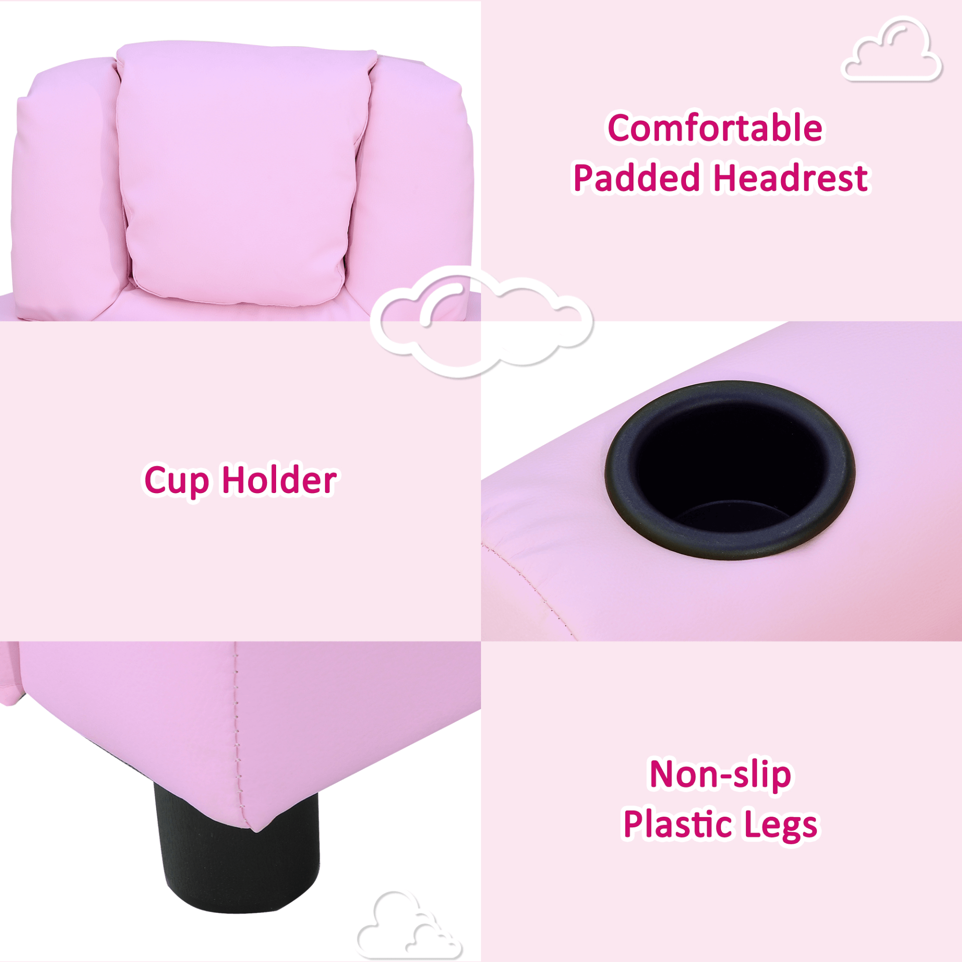 Kids Pink Recliner with Cup Holder, Cozy pink recliner for kids with reclining function up to 150°, perfect for games, reading, and naps. Made from durable, easy-care PU leather.