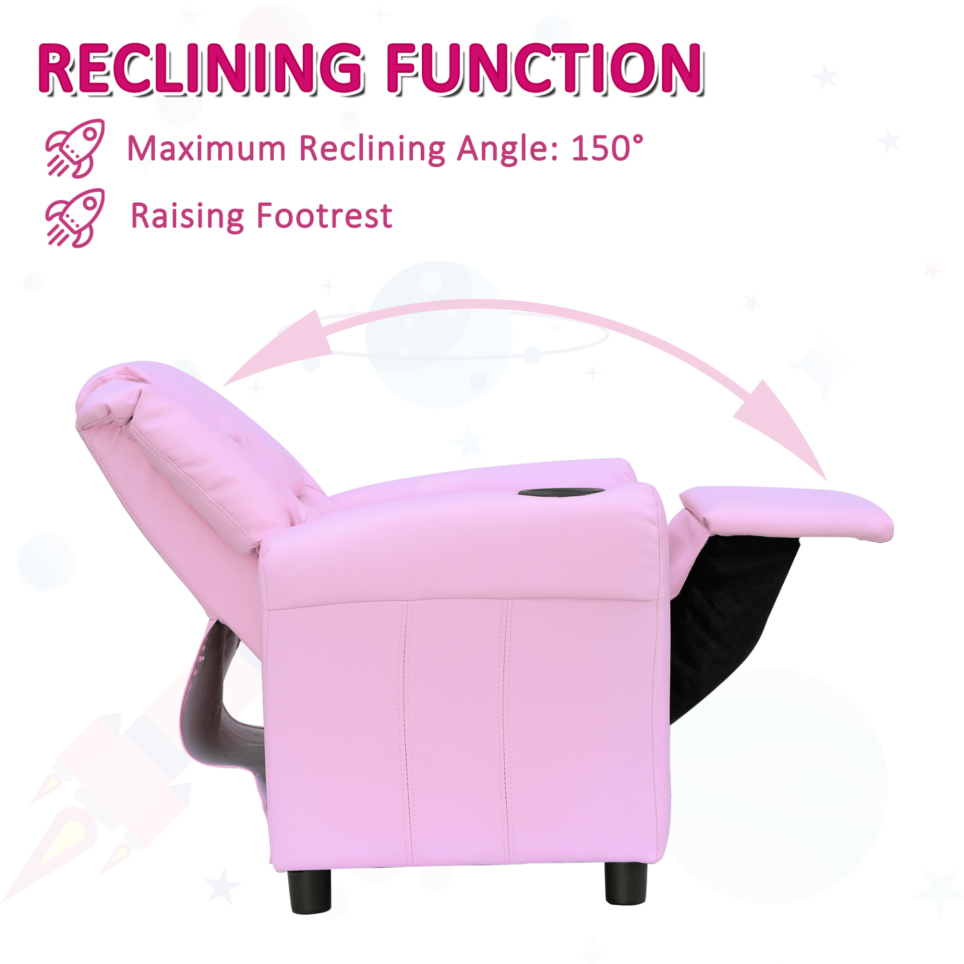 Kids Pink Recliner with Cup Holder, Cozy pink recliner for kids with reclining function up to 150°, perfect for games, reading, and naps. Made from durable, easy-care PU leather.