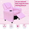 Kids Pink Recliner with Cup Holder, Cozy pink recliner for kids with reclining function up to 150°, perfect for games, reading, and naps. Made from durable, easy-care PU leather.