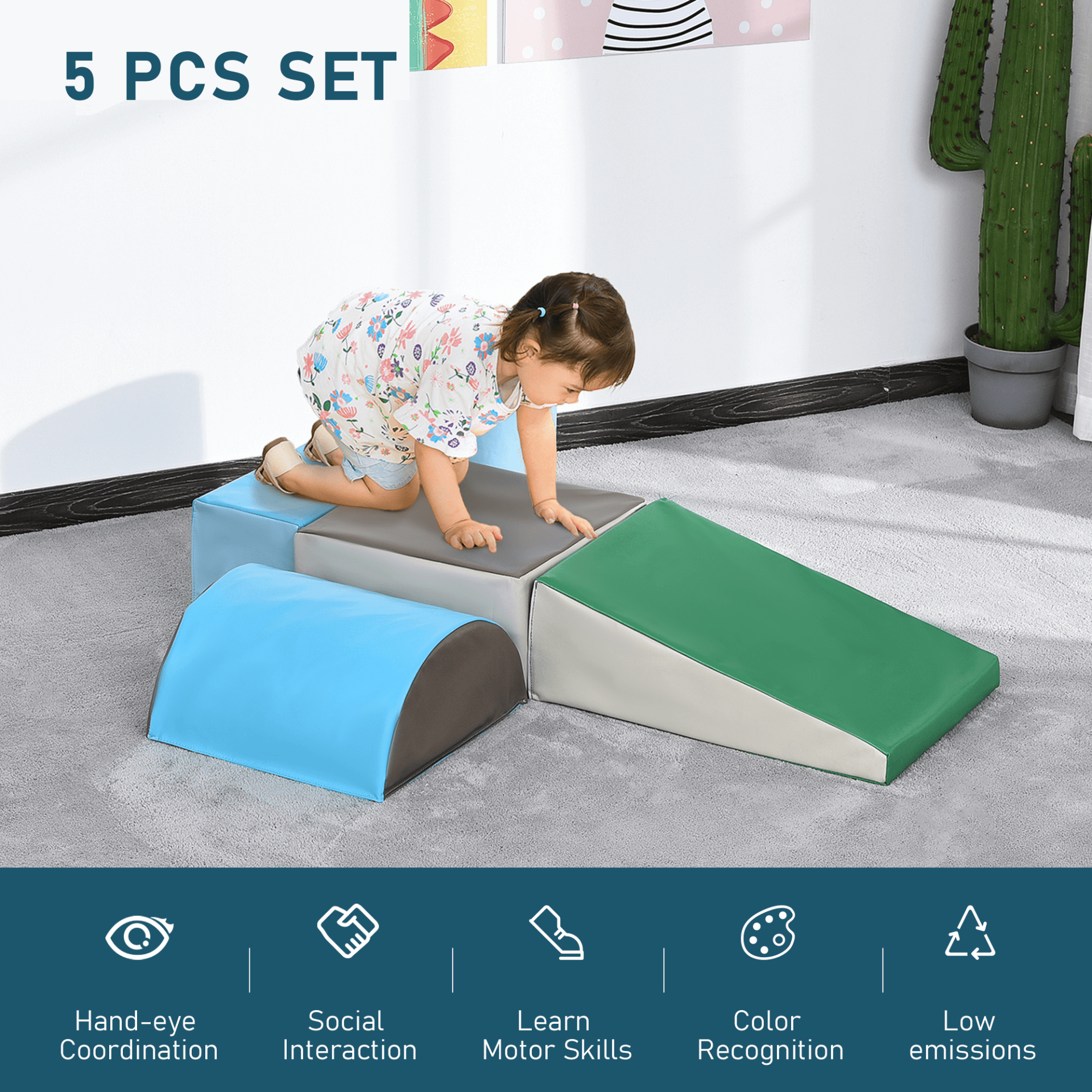 5 Piece Climb and Crawl Activity Play Set, Soft foam blocks for babies, toddlers, and preschoolers. Ideal for climbing, crawling, and sliding. Perfect for home, daycare, and classrooms.