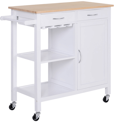 HOMCOM White Kitchen Storage Trolley with Pine Top, Enhance your kitchen with this stylish trolley cart offering ample storage and a durable pine wood worktop. Perfect for meal prep and organization.