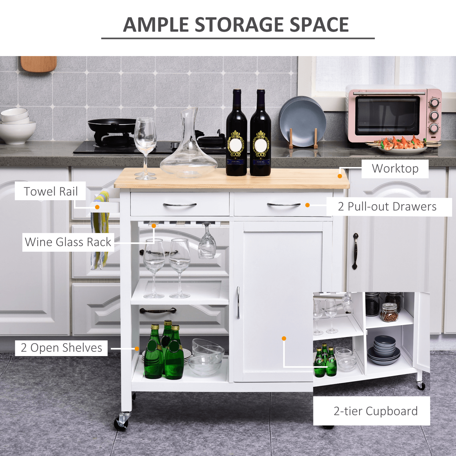 HOMCOM White Kitchen Storage Trolley with Pine Top, Enhance your kitchen with this stylish trolley cart offering ample storage and a durable pine wood worktop. Perfect for meal prep and organization.