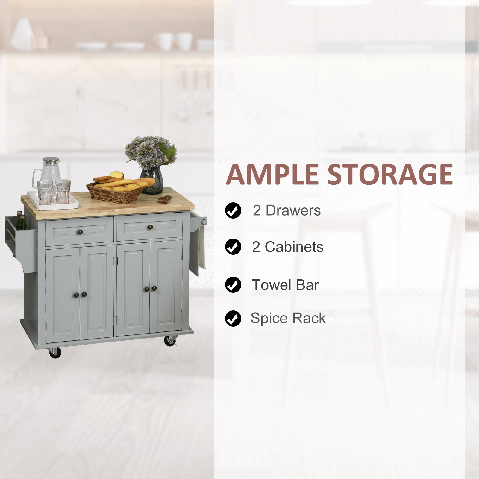 Grey Rolling Kitchen Island Trolley - Modern & Mobile, Discover HOMCOM's Grey Rolling Kitchen Island Trolley with a sleek modern design, rubber wood top, and ample storage. Perfect blend of style and functionality.