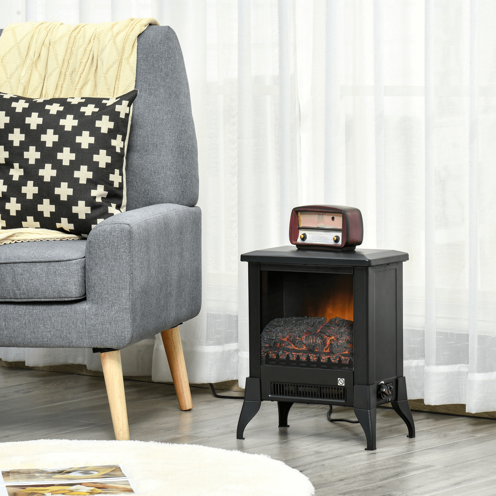 Electric Fireplace Stove - Freestanding Heater, Black, Enjoy a cozy atmosphere with a realistic flame effect. Adjustable temperature control and overheat protection, 1800-2000W. Perfect for any room.