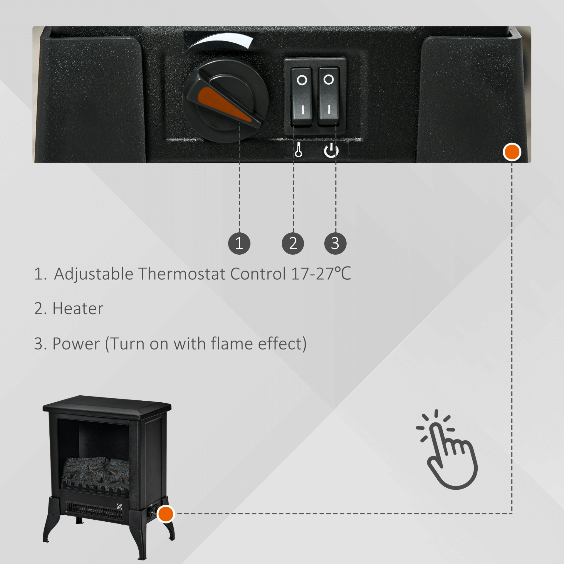 Electric Fireplace Stove - Freestanding Heater, Black, Enjoy a cozy atmosphere with a realistic flame effect. Adjustable temperature control and overheat protection, 1800-2000W. Perfect for any room.