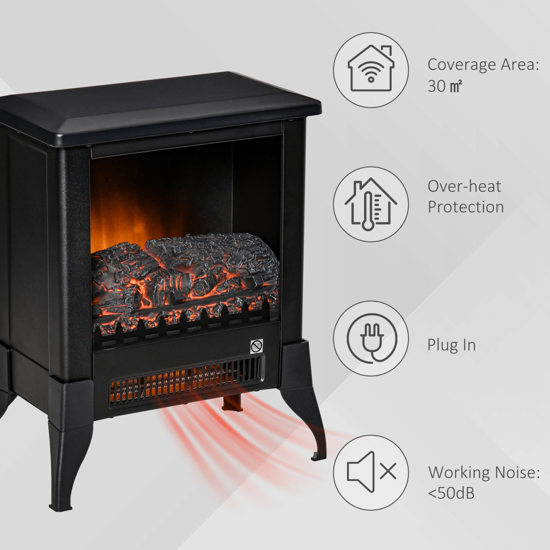 Electric Fireplace Stove - Freestanding Heater, Black, Enjoy a cozy atmosphere with a realistic flame effect. Adjustable temperature control and overheat protection, 1800-2000W. Perfect for any room.