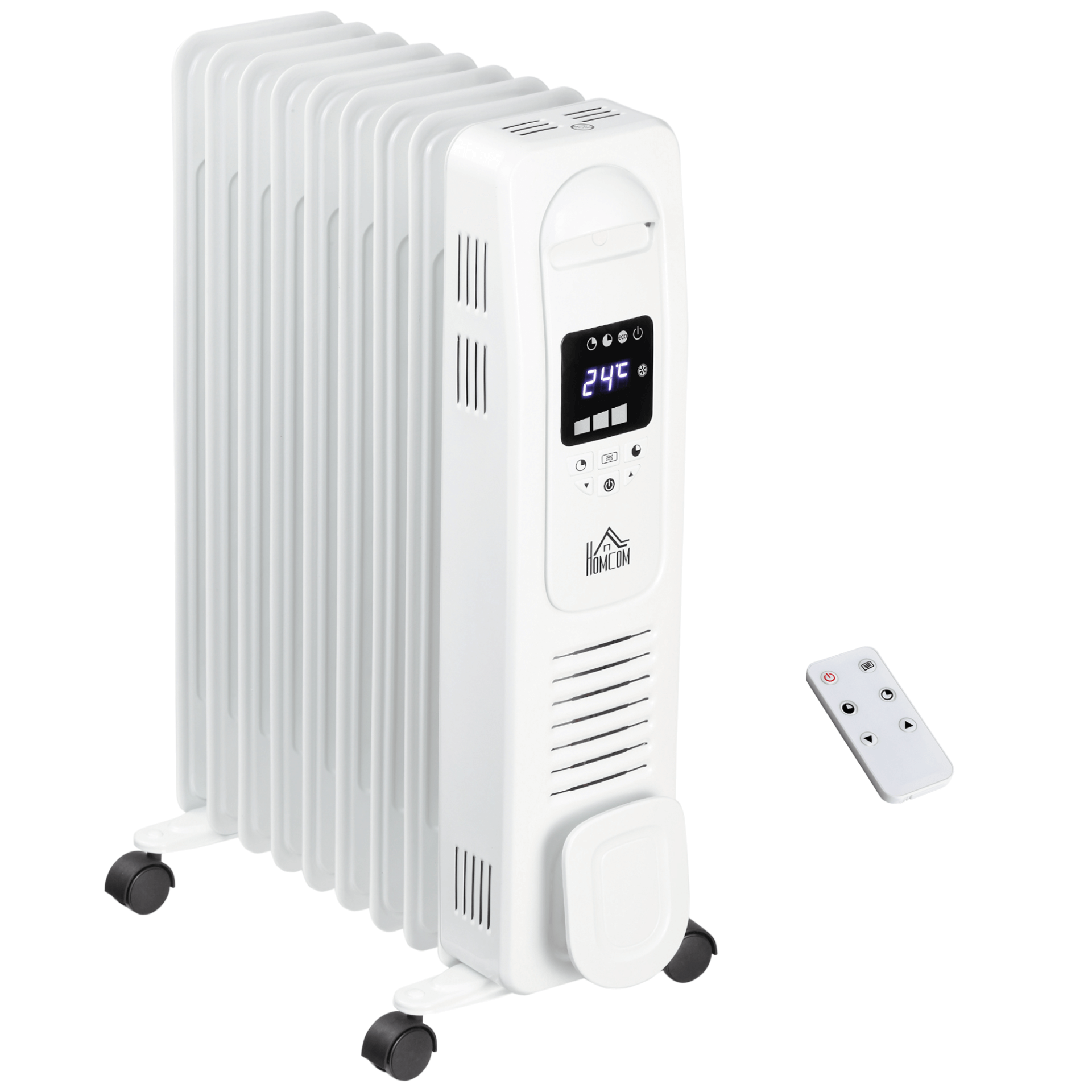 HOMCOM 2180W Digital Oil Filled Radiator - 9 Fin Heater, Stay warm this winter with the HOMCOM 2180W heater. Adjustable, remote-controlled, and energy-efficient for your cozy comfort.