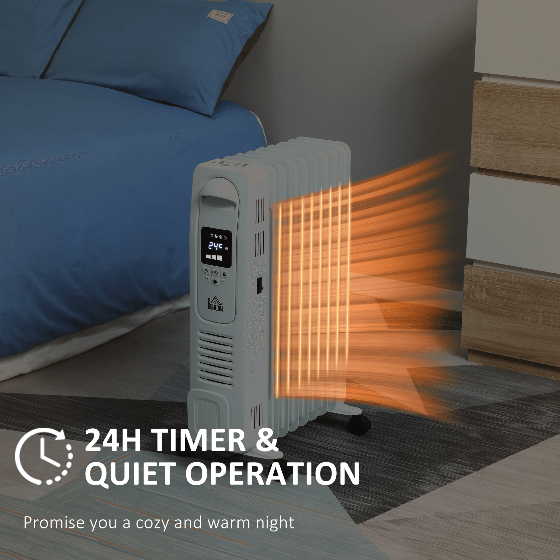 HOMCOM 2180W Digital Oil Filled Radiator - 9 Fin Heater, Stay warm this winter with the HOMCOM 2180W heater. Adjustable, remote-controlled, and energy-efficient for your cozy comfort.