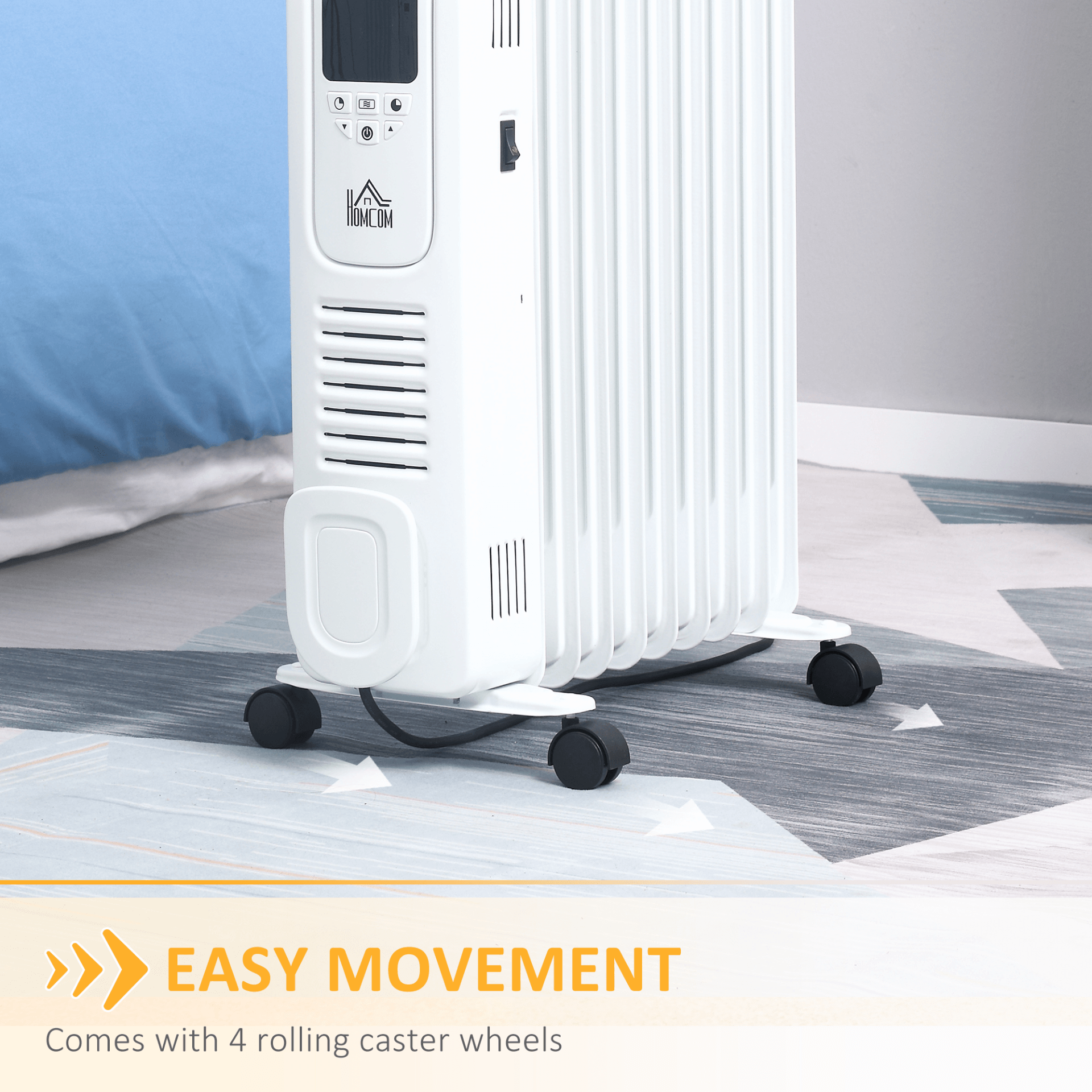 HOMCOM 2180W Digital Oil Filled Radiator - 9 Fin Heater, Stay warm this winter with the HOMCOM 2180W heater. Adjustable, remote-controlled, and energy-efficient for your cozy comfort.