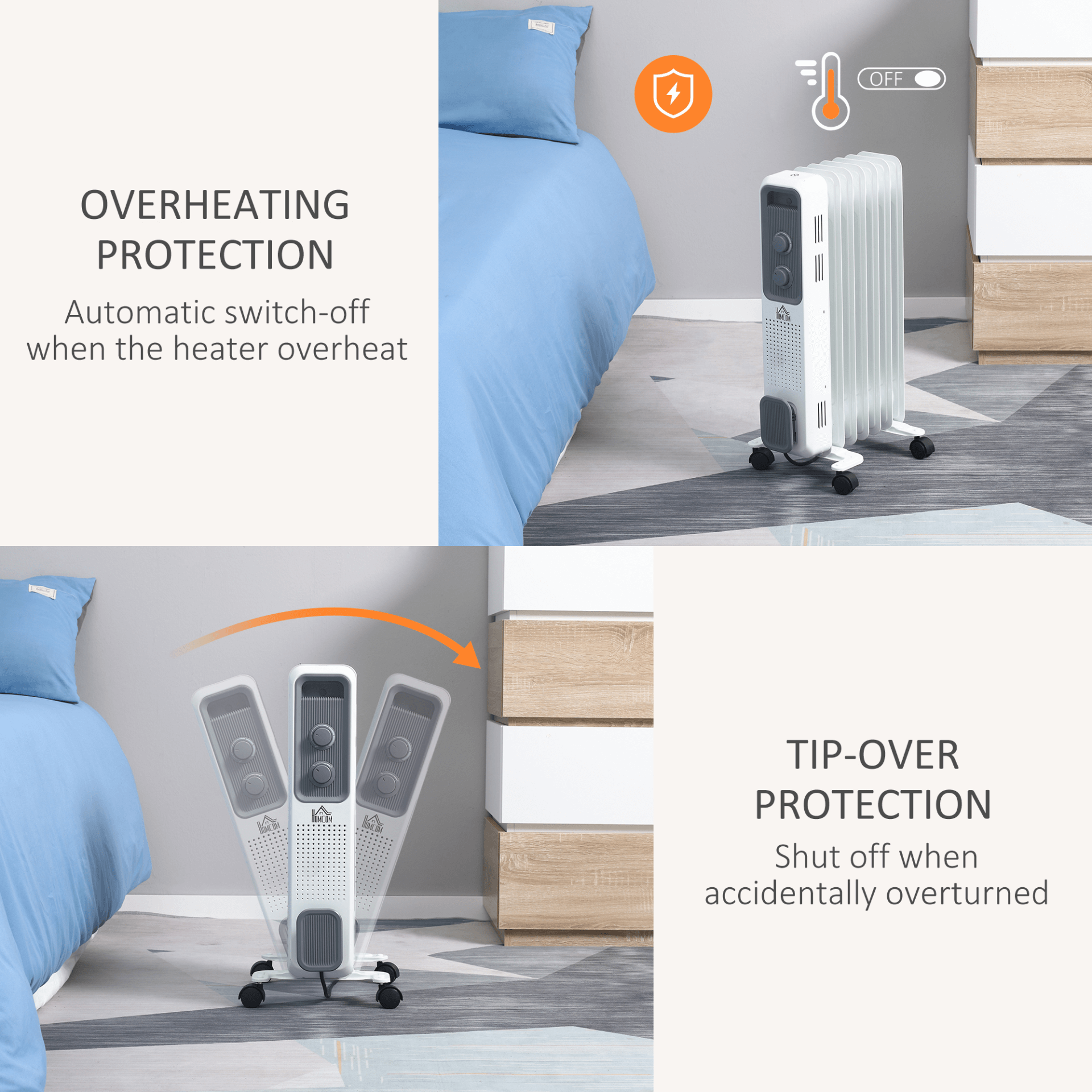 Portable Electric Oil Filled Radiator - 3 Heat Settings, Stay warm with our portable electric oil-filled radiator. Features adjustable thermostat, three heat settings, and safety power-off for cozy, efficient heating.