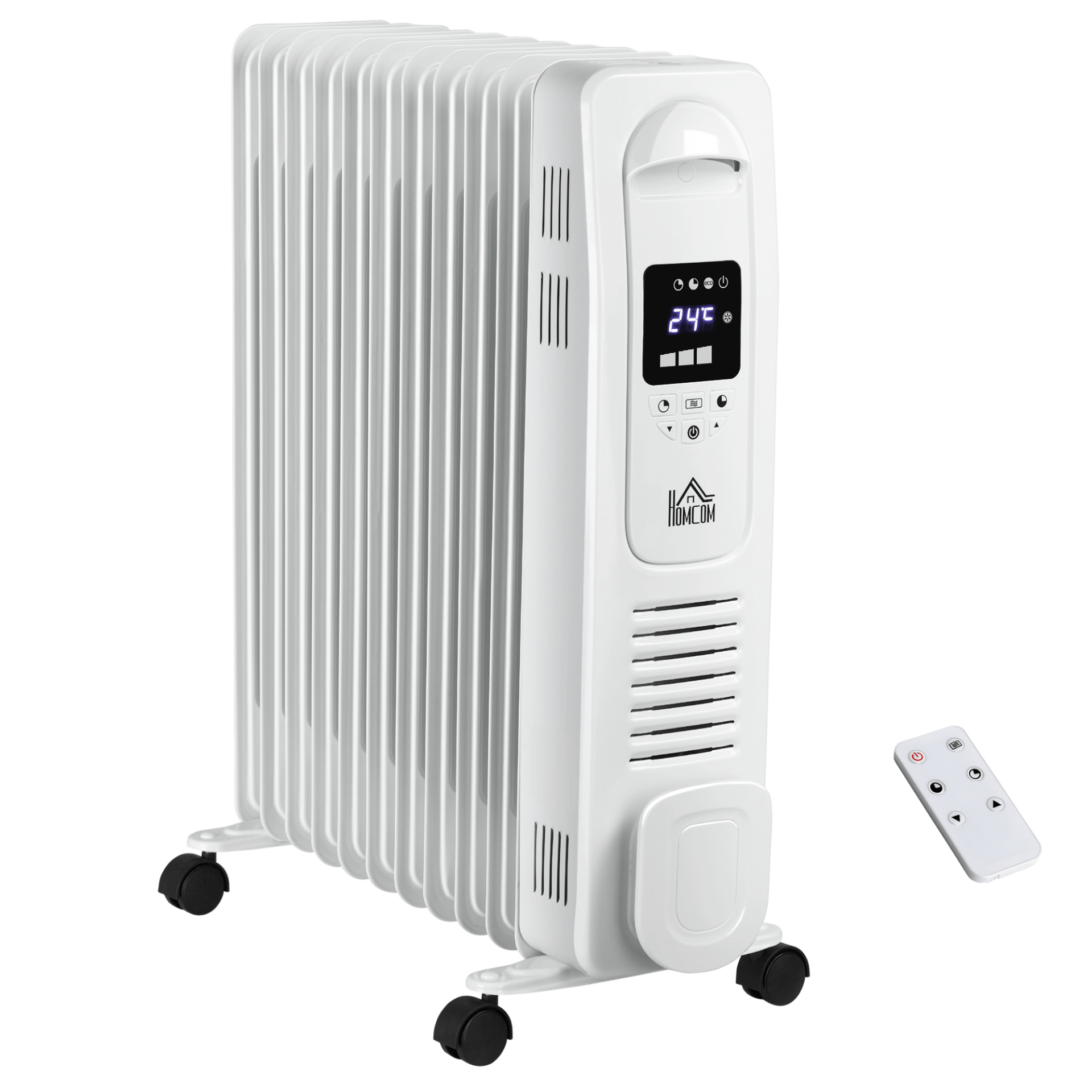 HOMCOM 2720W Oil Filled Radiator - 11 Fin Electric Heater, Stay warm with the HOMCOM 2720W heater featuring a timer, remote control, and safety features for ultimate comfort this winter.