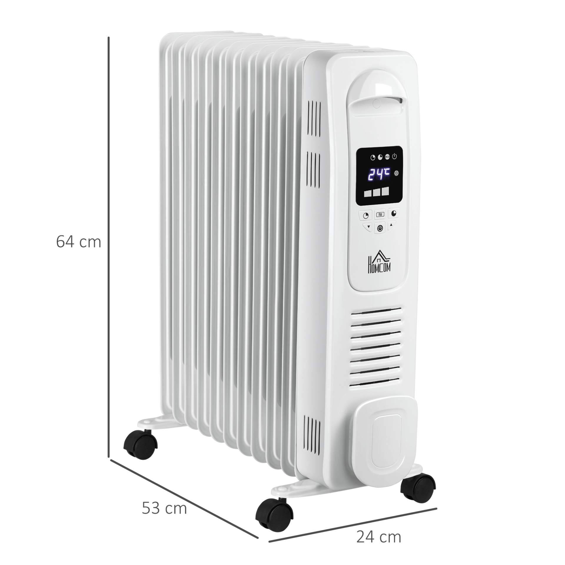 HOMCOM 2720W Oil Filled Radiator - 11 Fin Electric Heater, Stay warm with the HOMCOM 2720W heater featuring a timer, remote control, and safety features for ultimate comfort this winter.