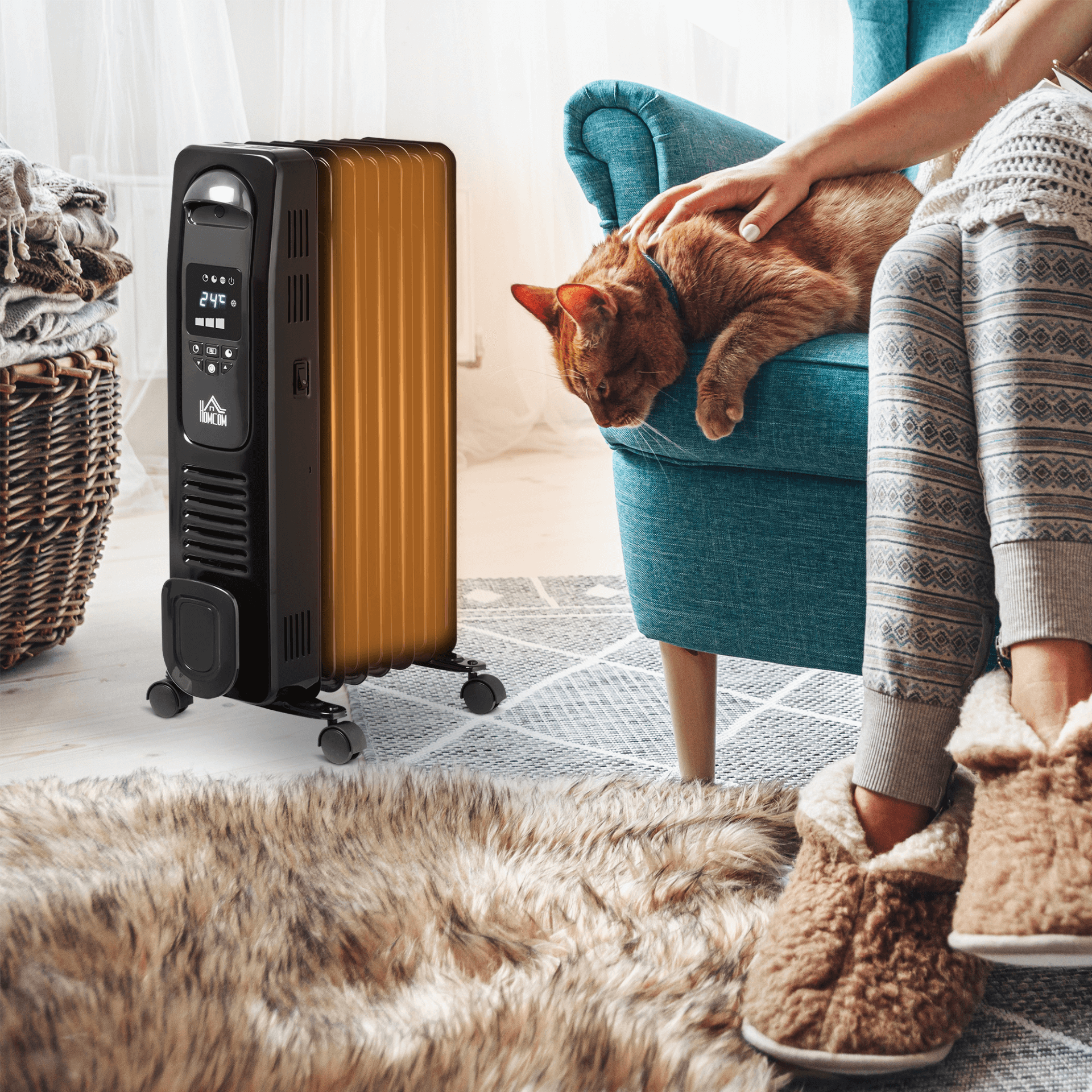 HOMCOM 1630W Digital Oil Filled Radiator - Portable Heater, Stay warm with the HOMCOM 1630W Oil Filled Radiator featuring adjustable thermostat, timer, safety cut-off, and remote control for ultimate comfort.