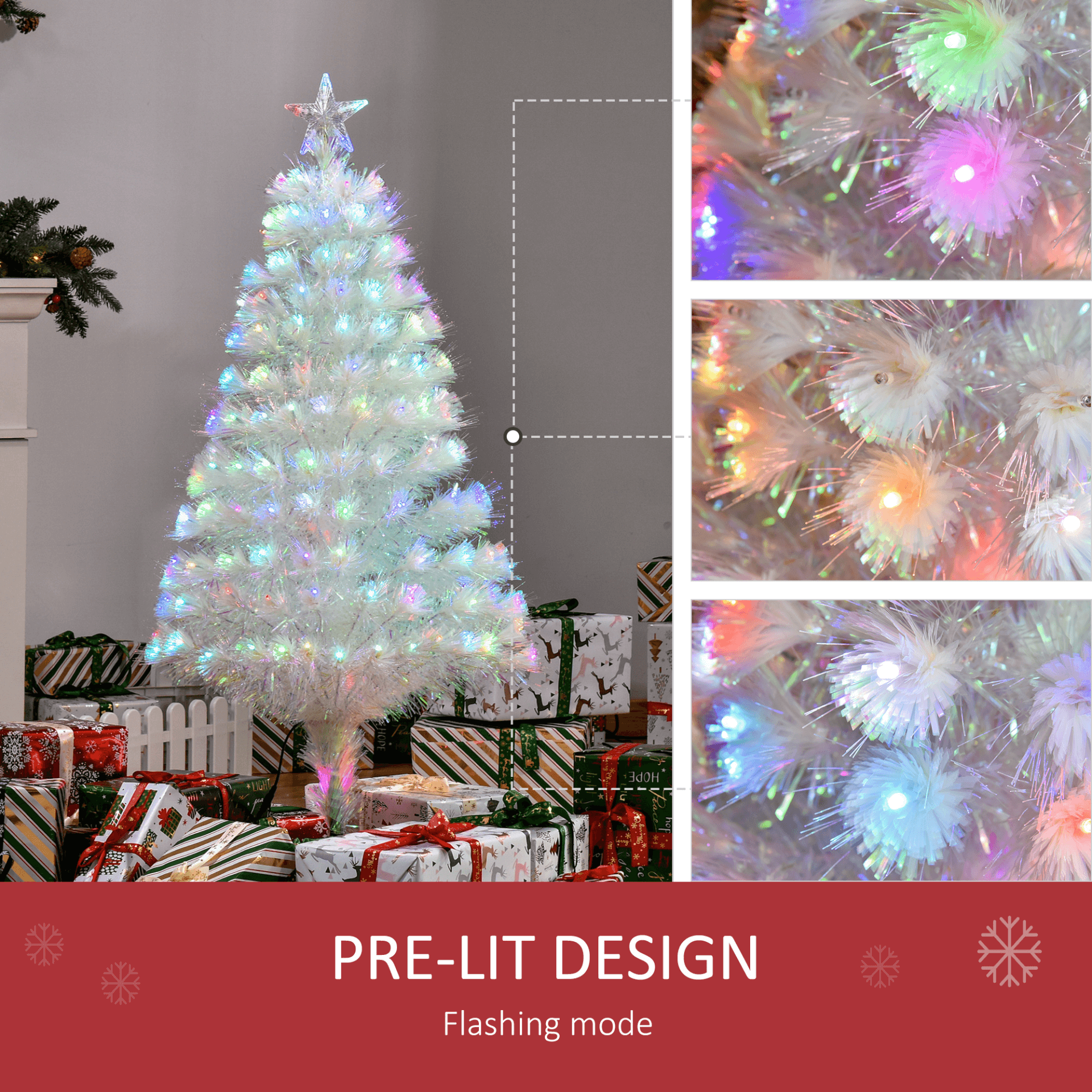 4ft Prelit White Christmas Tree with Fiber Optic LED Lights, Elegant 4ft prelit white Christmas tree with multi-color LED lights and sturdy base. Perfect festive centerpiece with lush branches and pre-programmed lights.