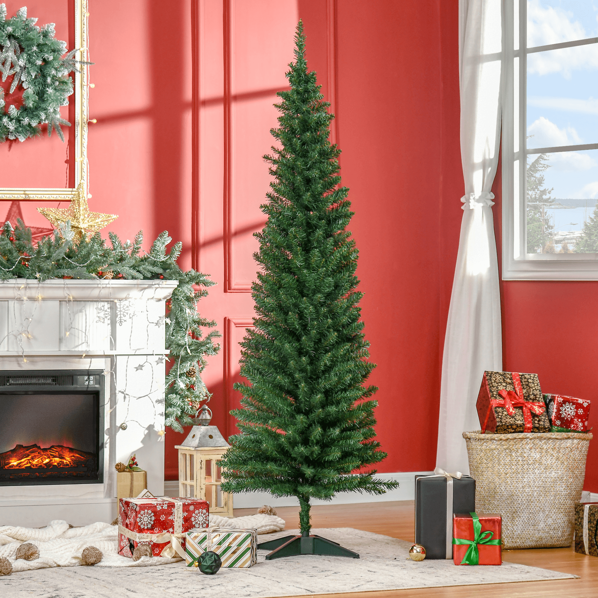 6FT Slim Pine Christmas Tree - Realistic & Sturdy Stand, Elevate your holiday decor with this 6FT artificial pine pencil slim Christmas tree. Realistic tips and a durable stand ensure lasting holiday cheer.