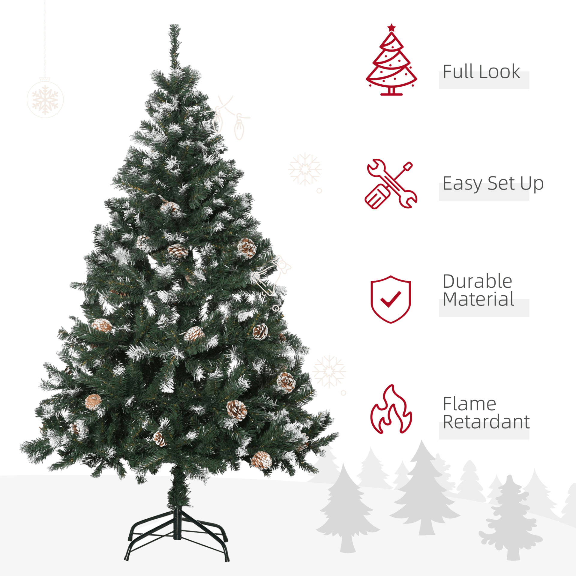 5FT Artificial Christmas Tree with Pine Cones, Transform your home into a winter wonderland with our 5FT snow-flocked artificial Christmas tree. Realistic branches and pine cones for festive charm.