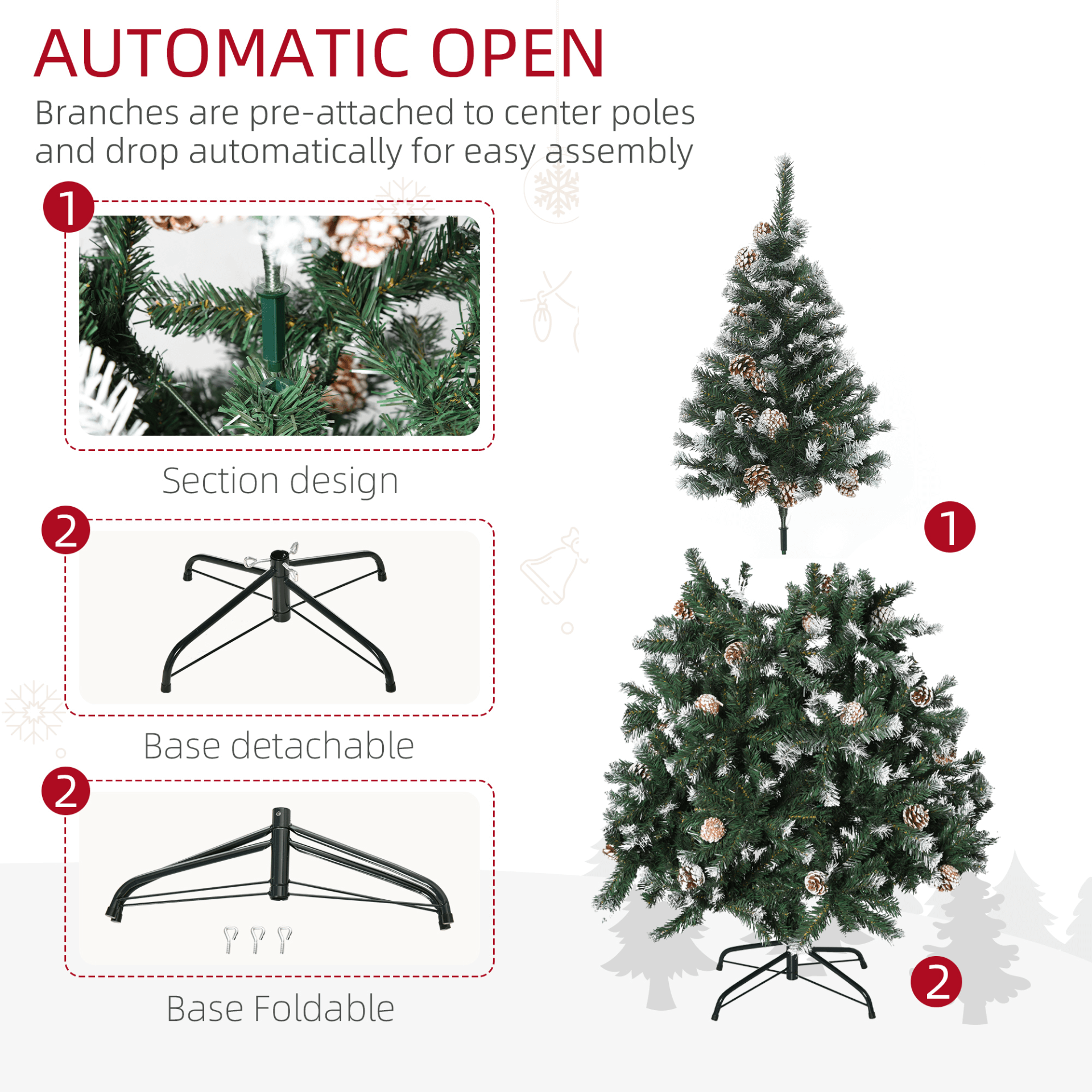 5FT Artificial Christmas Tree with Pine Cones, Transform your home into a winter wonderland with our 5FT snow-flocked artificial Christmas tree. Realistic branches and pine cones for festive charm.