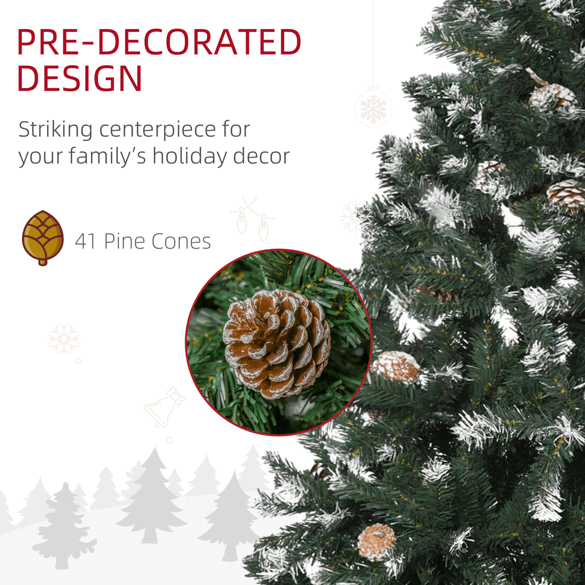 5FT Artificial Christmas Tree with Pine Cones, Transform your home into a winter wonderland with our 5FT snow-flocked artificial Christmas tree. Realistic branches and pine cones for festive charm.