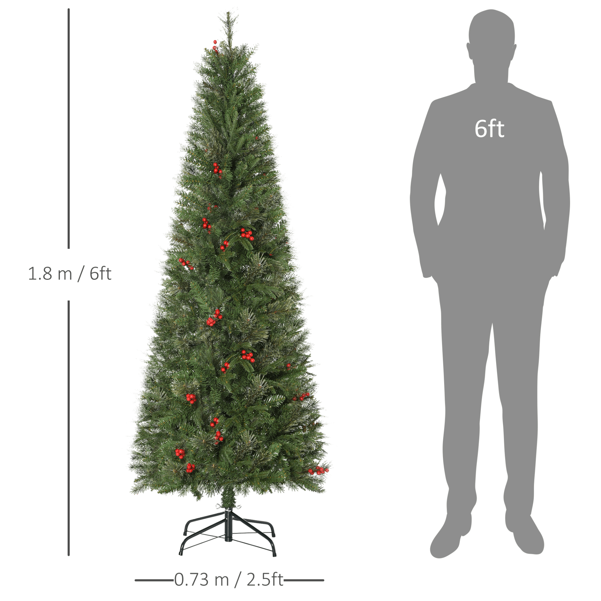 6ft Pencil Artificial Christmas Tree - Realistic & Durable, 6ft Pencil Artificial Christmas Tree with realistic branches and red berries for a festive touch. Easy setup and durable design, perfect for holiday decor.