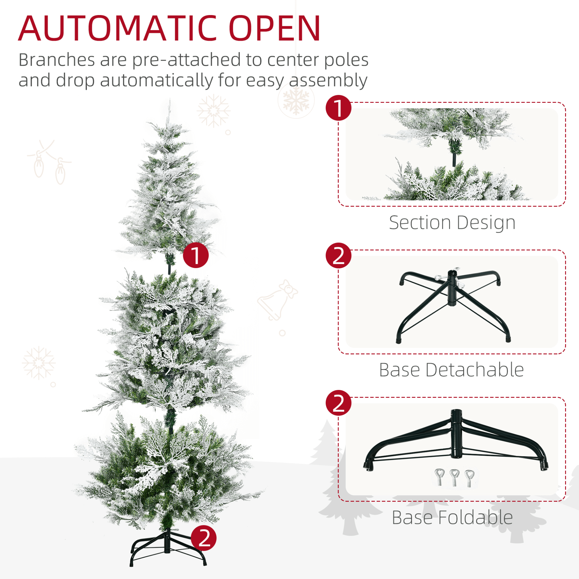 6 Ft Snow Flocked Pencil Christmas Tree, Create a winter wonderland with this 6 Ft Snow Flocked Artificial Tree. Realistic cypress branches, easy assembly, and a stable base included.