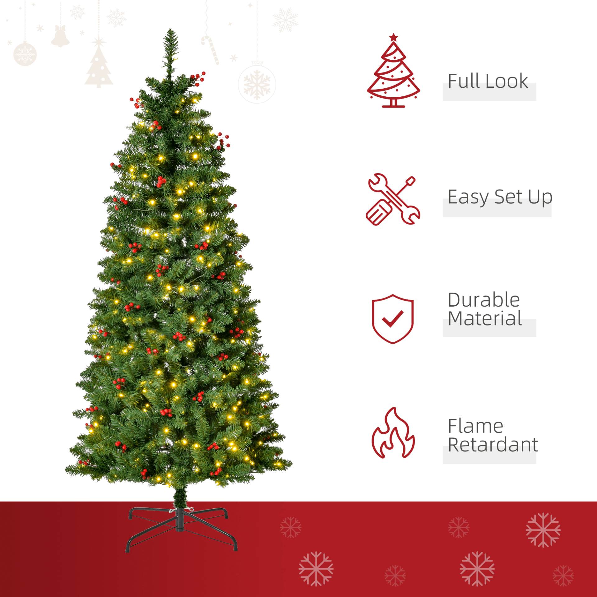 HOMCOM 5FT Prelit Pencil Christmas Tree with LED Lights, Brighten your home with the HOMCOM 5FT Prelit Christmas Tree, adorned with warm white LEDs and festive red berries for perfect holiday cheer.