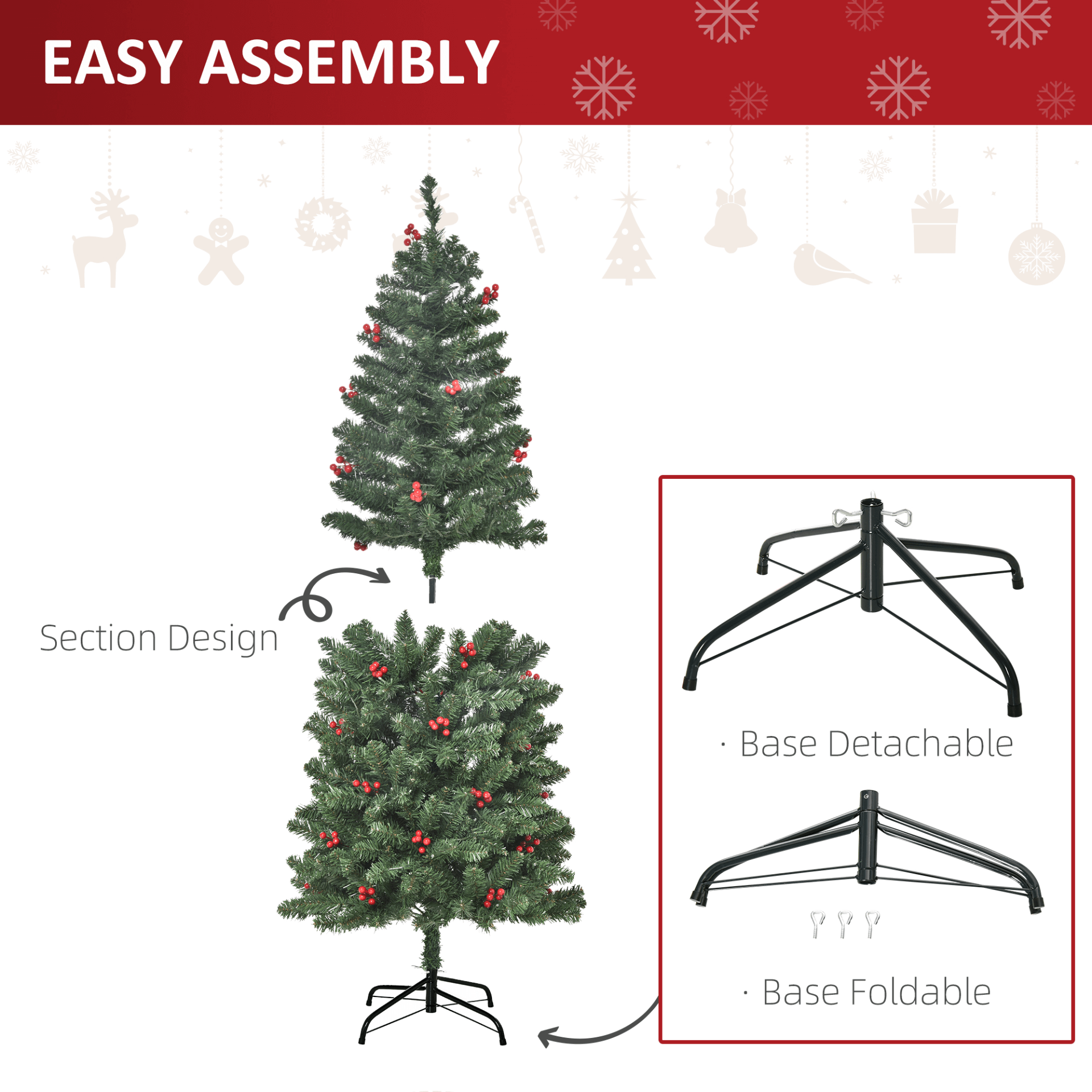 HOMCOM 5FT Prelit Pencil Christmas Tree with LED Lights, Brighten your home with the HOMCOM 5FT Prelit Christmas Tree, adorned with warm white LEDs and festive red berries for perfect holiday cheer.