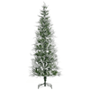 7 Ft Snow Flocked Pencil Christmas Tree - Realistic Cypress, Transform your home into a winter wonderland with our 7 Ft Snow Flocked Pencil Christmas Tree, featuring realistic cypress branches and auto-open hinge.