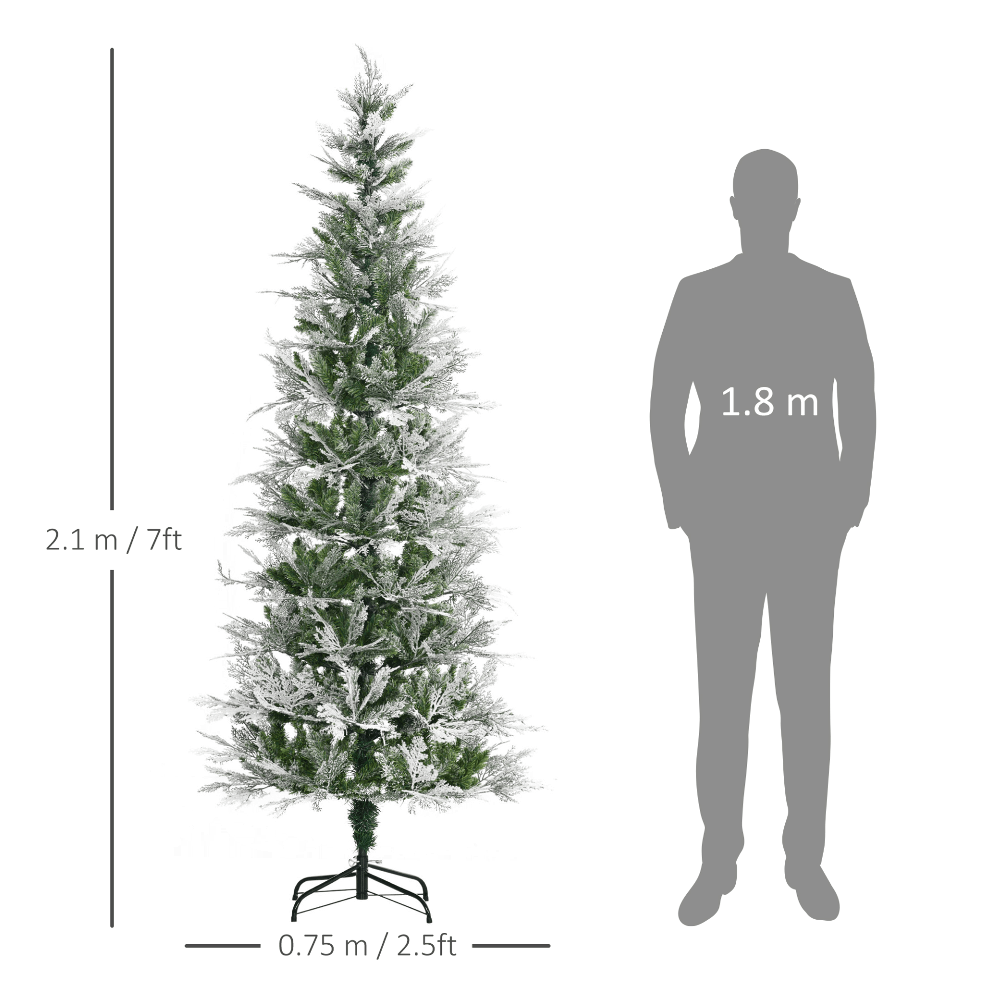 7 Ft Snow Flocked Pencil Christmas Tree - Realistic Cypress, Transform your home into a winter wonderland with our 7 Ft Snow Flocked Pencil Christmas Tree, featuring realistic cypress branches and auto-open hinge.