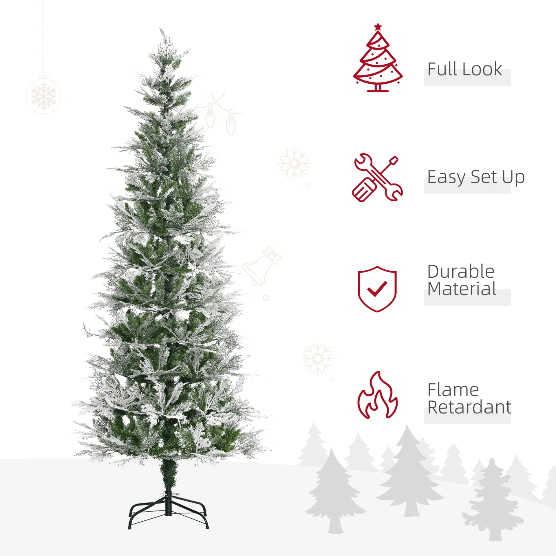 7 Ft Snow Flocked Pencil Christmas Tree - Realistic Cypress, Transform your home into a winter wonderland with our 7 Ft Snow Flocked Pencil Christmas Tree, featuring realistic cypress branches and auto-open hinge.