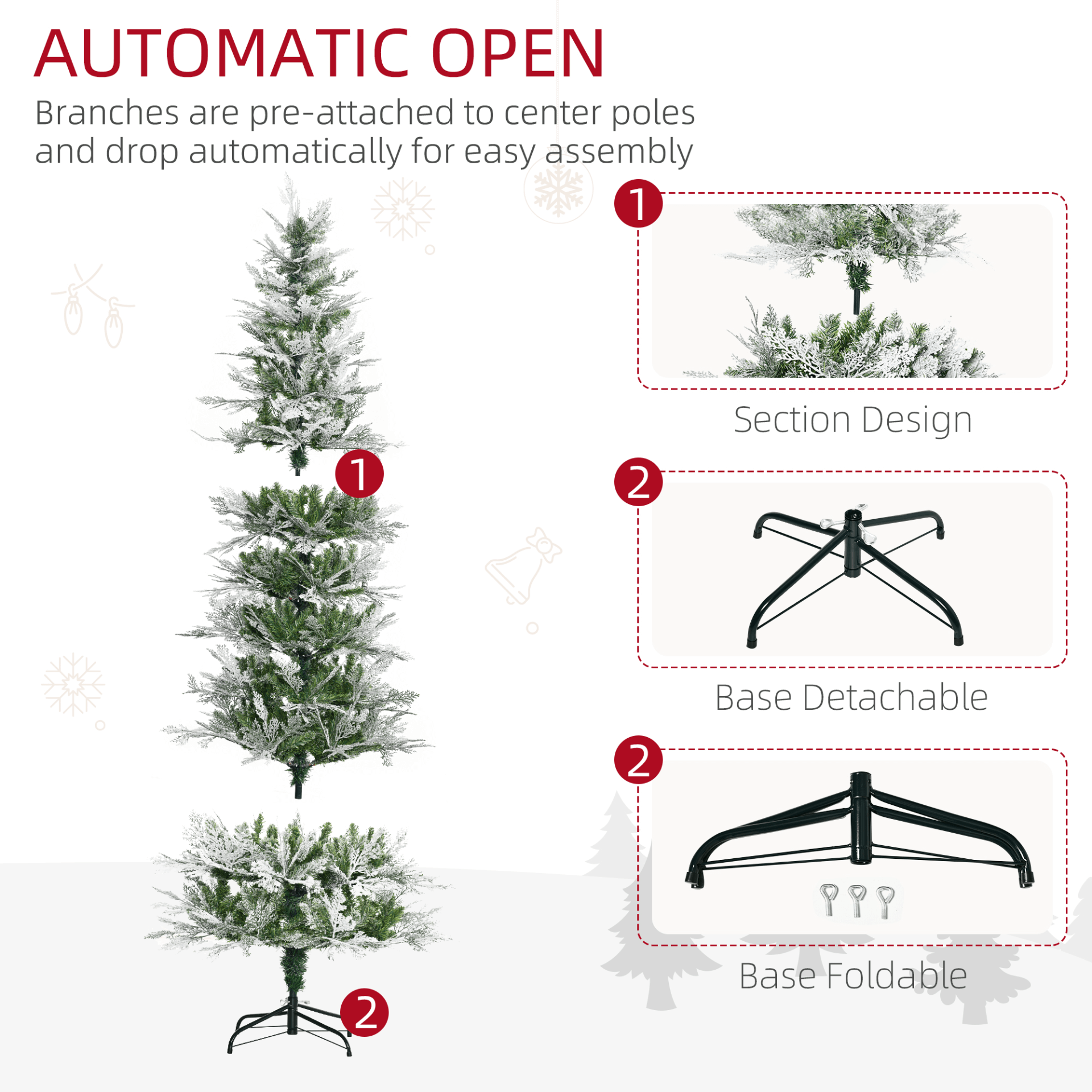 7 Ft Snow Flocked Pencil Christmas Tree - Realistic Cypress, Transform your home into a winter wonderland with our 7 Ft Snow Flocked Pencil Christmas Tree, featuring realistic cypress branches and auto-open hinge.