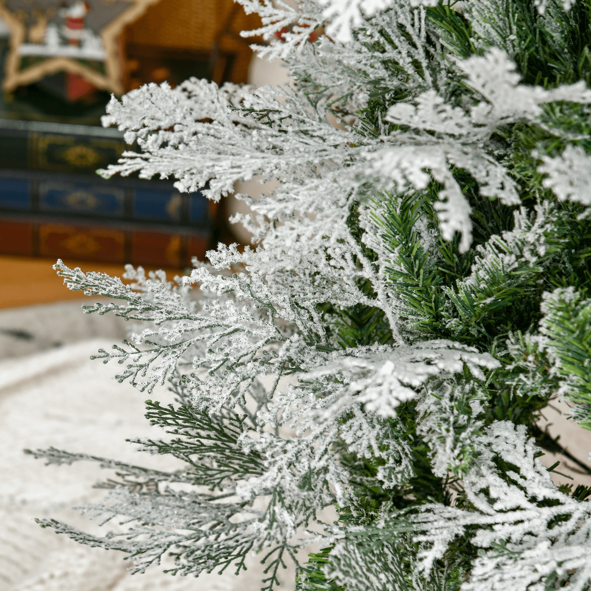 7 Ft Snow Flocked Pencil Christmas Tree - Realistic Cypress, Transform your home into a winter wonderland with our 7 Ft Snow Flocked Pencil Christmas Tree, featuring realistic cypress branches and auto-open hinge.