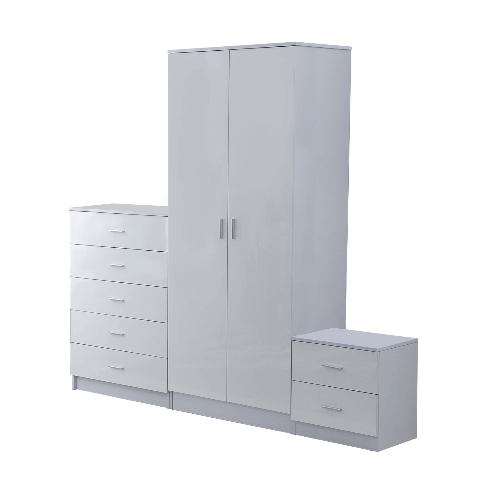 High Gloss 3-Piece Bedroom Furniture Set - White, Upgrade your bedroom with a stylish 3-piece set: wardrobe, 5-drawer chest, and 2-drawer nightstand. High gloss finish for a modern look.