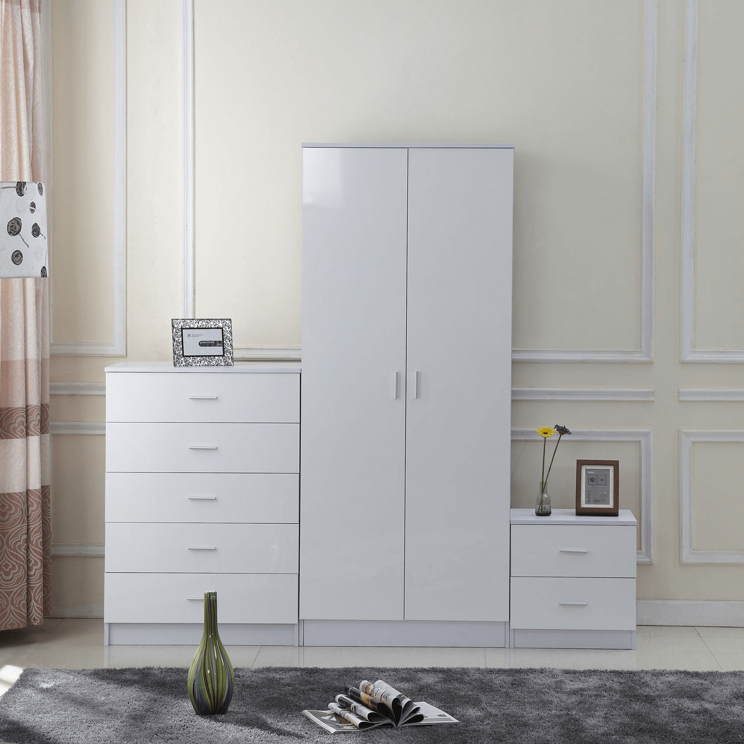 High Gloss 3-Piece Bedroom Furniture Set - White, Upgrade your bedroom with a stylish 3-piece set: wardrobe, 5-drawer chest, and 2-drawer nightstand. High gloss finish for a modern look.