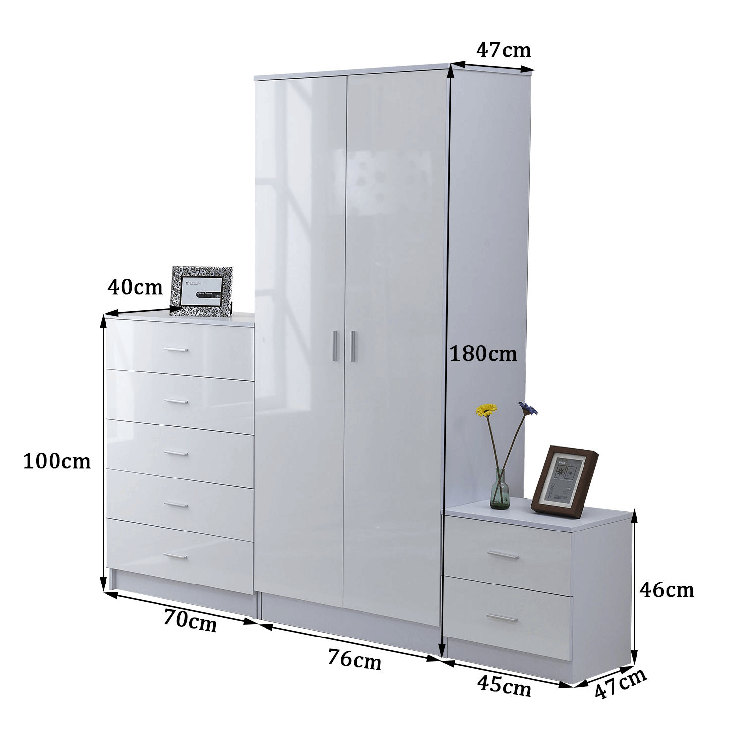 High Gloss 3-Piece Bedroom Furniture Set - White, Upgrade your bedroom with a stylish 3-piece set: wardrobe, 5-drawer chest, and 2-drawer nightstand. High gloss finish for a modern look.