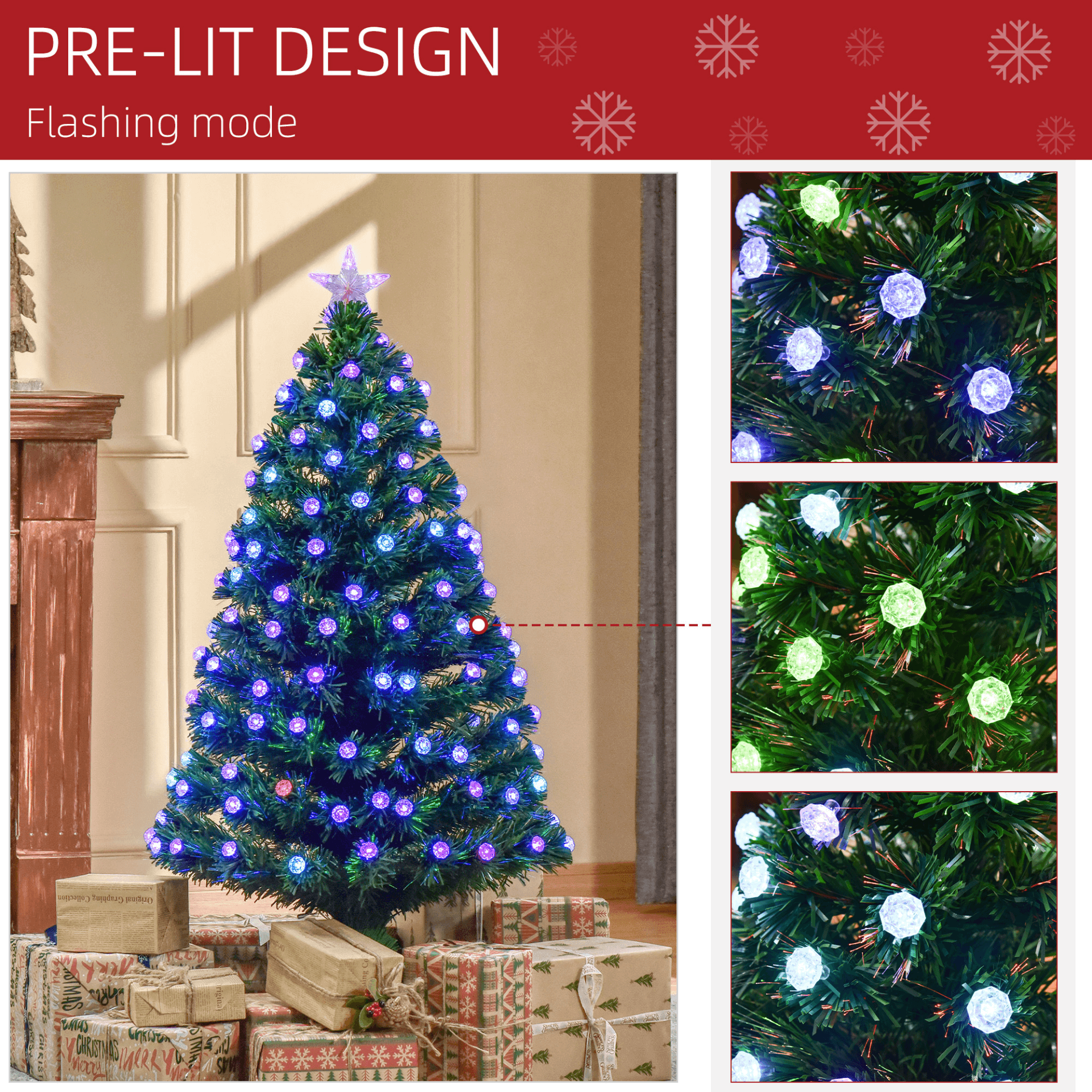 4FT Pre-Lit Christmas Tree with LED Lights, Ideal for small spaces, this 4FT pre-lit artificial Christmas tree with multicolour LED lights offers easy setup and lush, festive decor.