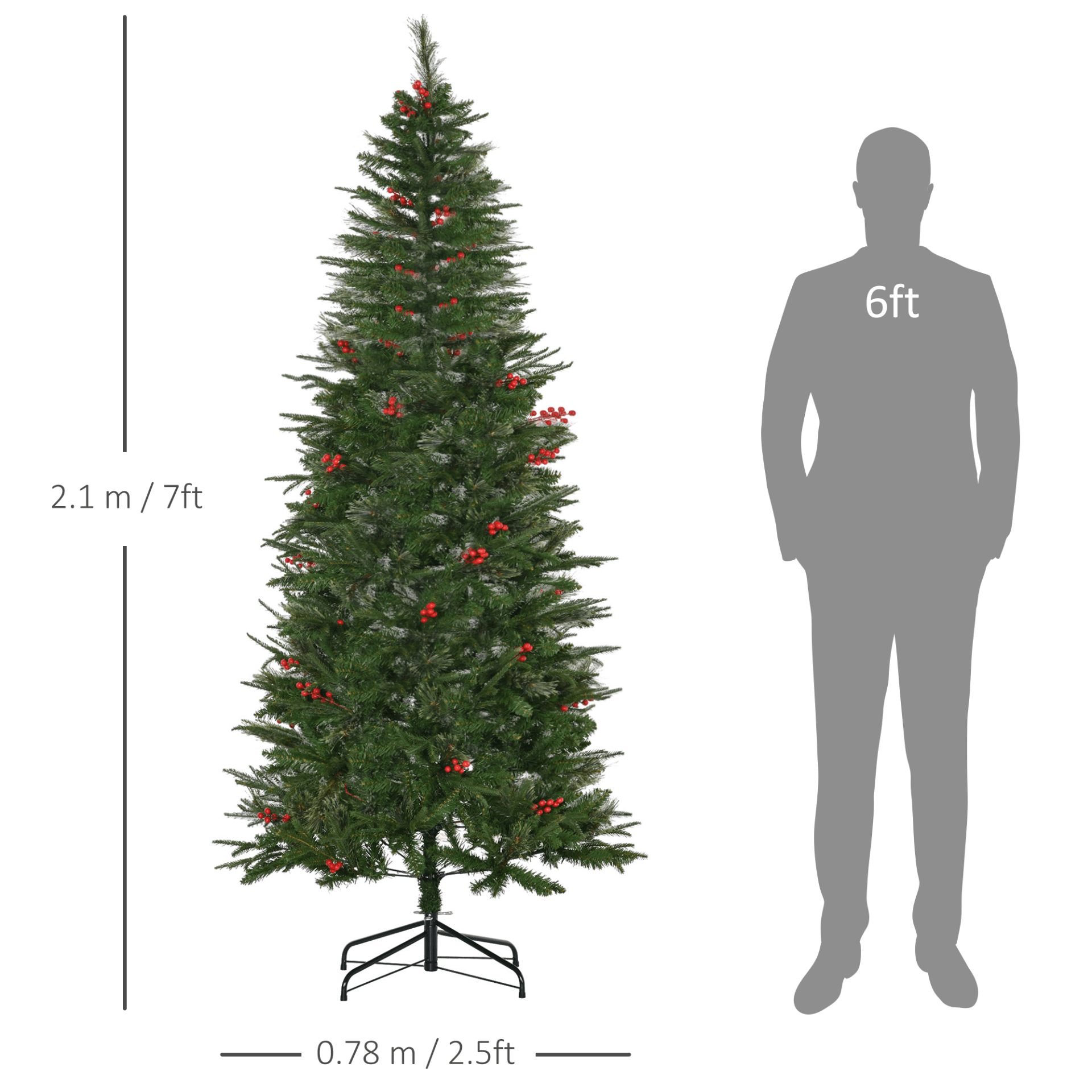 7ft Pencil Artificial Christmas Tree with Red Berries, Decorate with our 7ft Pencil Artificial Christmas Tree! Realistic branches, faux red berries, and flame-retardant PVC offer safe, festive holiday decor.