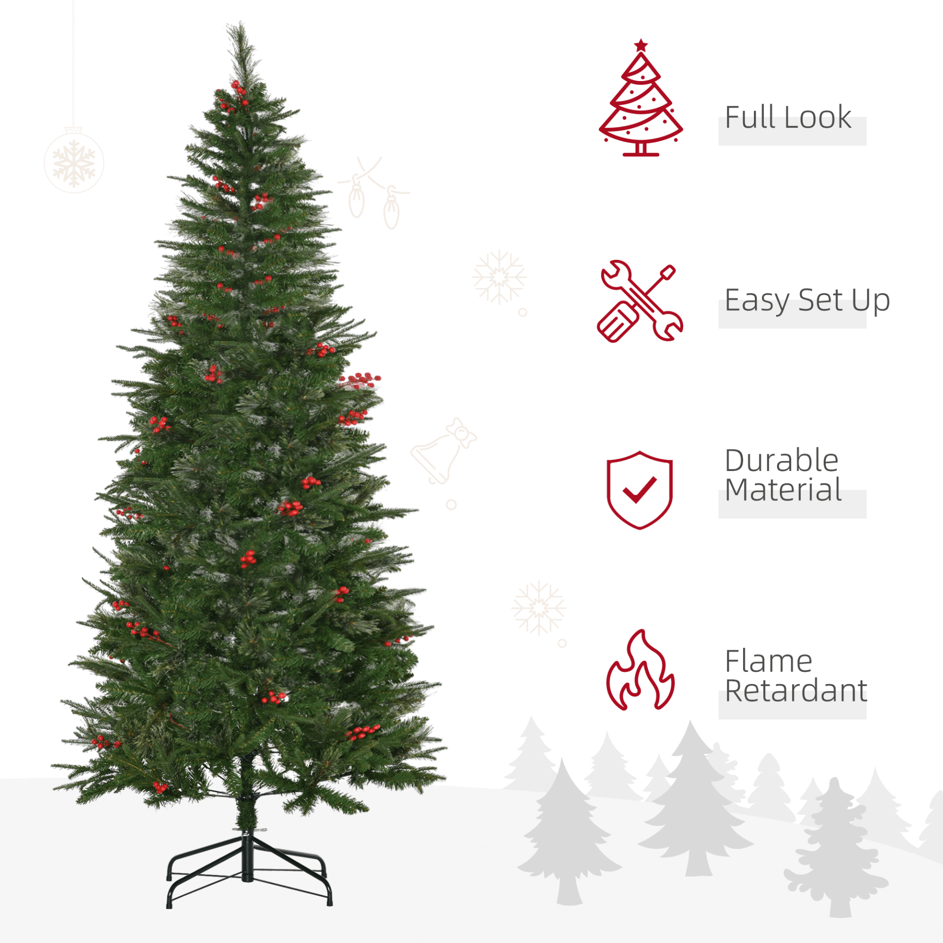 7ft Pencil Artificial Christmas Tree with Red Berries, Decorate with our 7ft Pencil Artificial Christmas Tree! Realistic branches, faux red berries, and flame-retardant PVC offer safe, festive holiday decor.