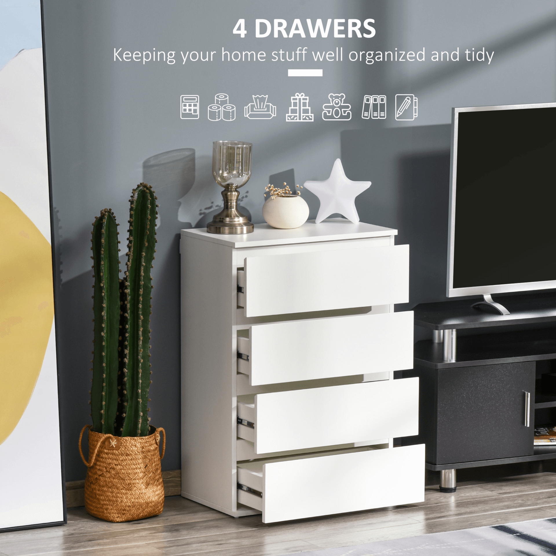 White 4-Drawer Chest - Stylish Storage Cabinet, Elevate storage with our White 4-Drawer Chest. Perfect for bedrooms and living rooms, it combines style and spacious functionality.