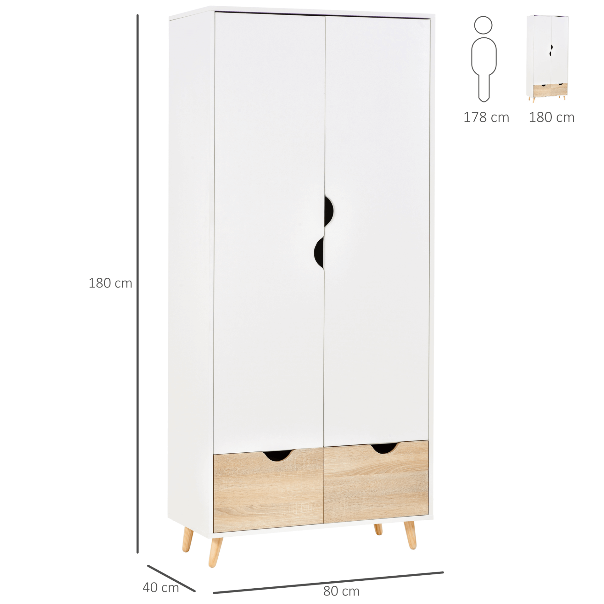 Elegant 2-Door Clothes Wardrobe - White Storage Solution, Enhance your bedroom with this white wardrobe featuring a clothes rail, top shelf, and 2 drawers. Simple and sophisticated design to fit any decor.