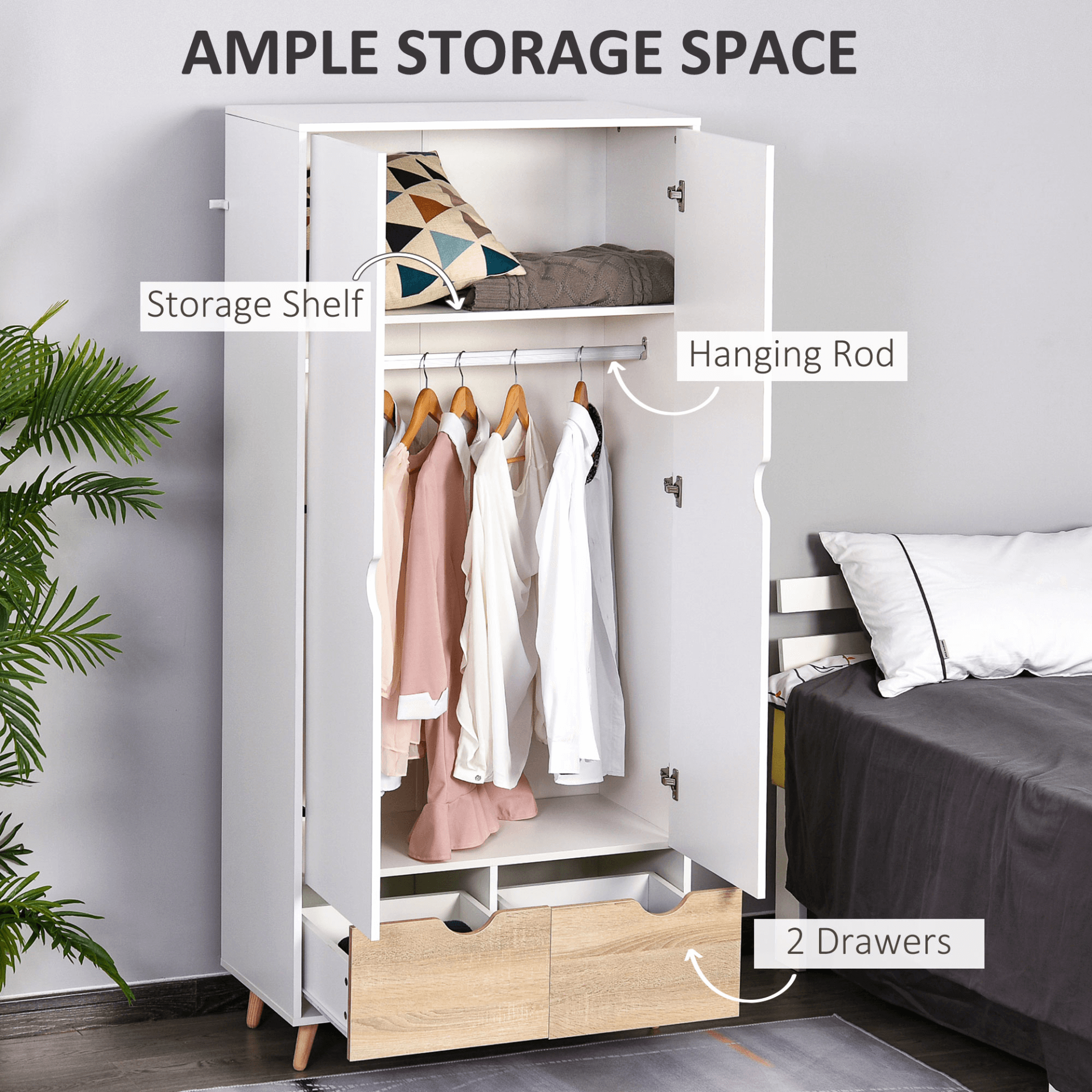 Elegant 2-Door Clothes Wardrobe - White Storage Solution, Enhance your bedroom with this white wardrobe featuring a clothes rail, top shelf, and 2 drawers. Simple and sophisticated design to fit any decor.