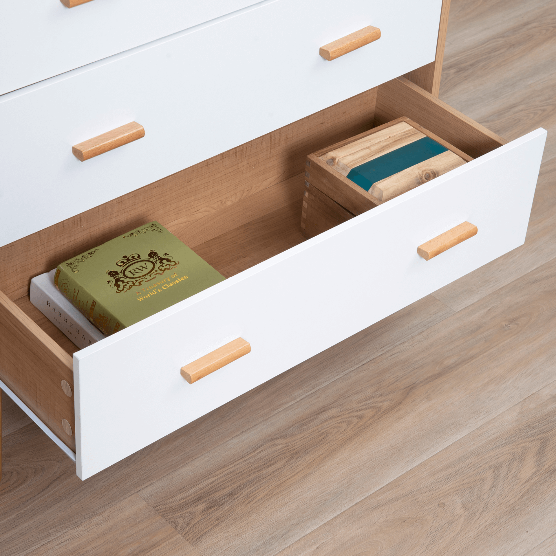 3-Drawer Chest - Elegant Storage in White & Natural Finish, Organize your space with our stylish 3-Drawer Chest. Featuring spacious drawers and a versatile white and natural wood design, it complements any room.