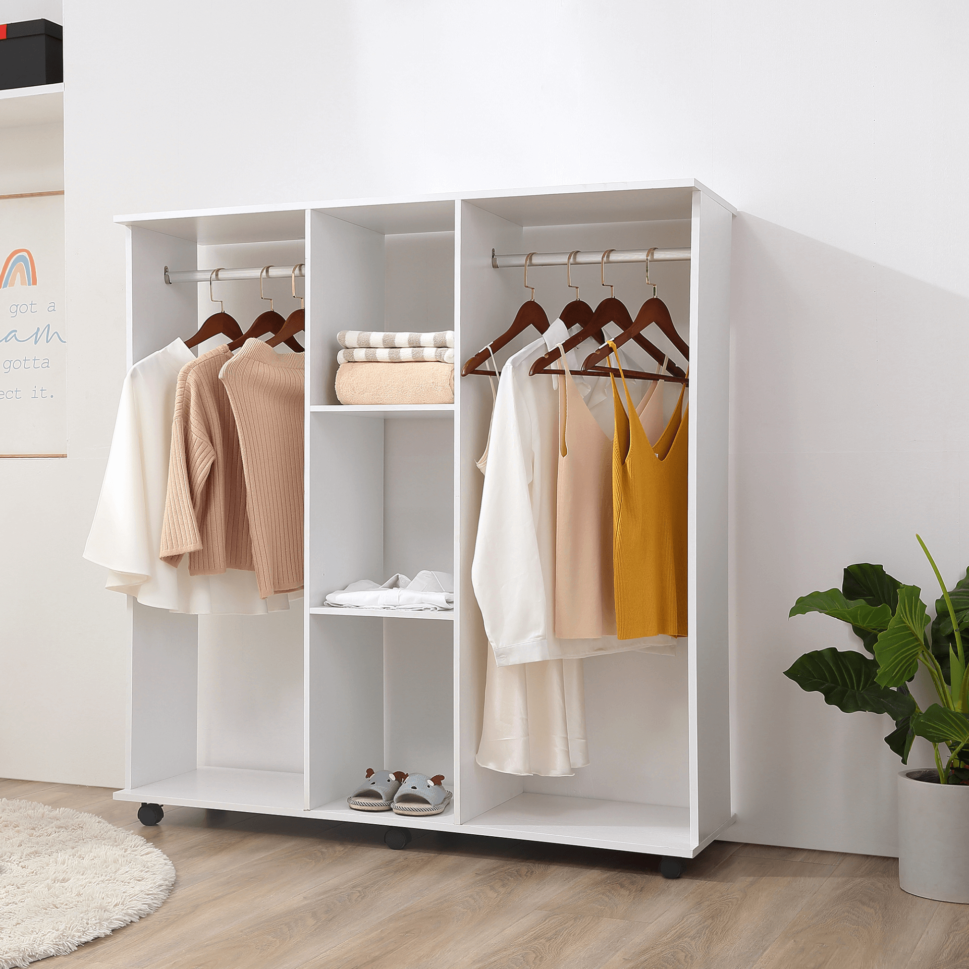 HOMCOM Double Mobile Open Wardrobe, Stylish Storage Solution, Organize your space with the HOMCOM Double Mobile Open Wardrobe, featuring hanging rails and shelves for chic storage in any bedroom.